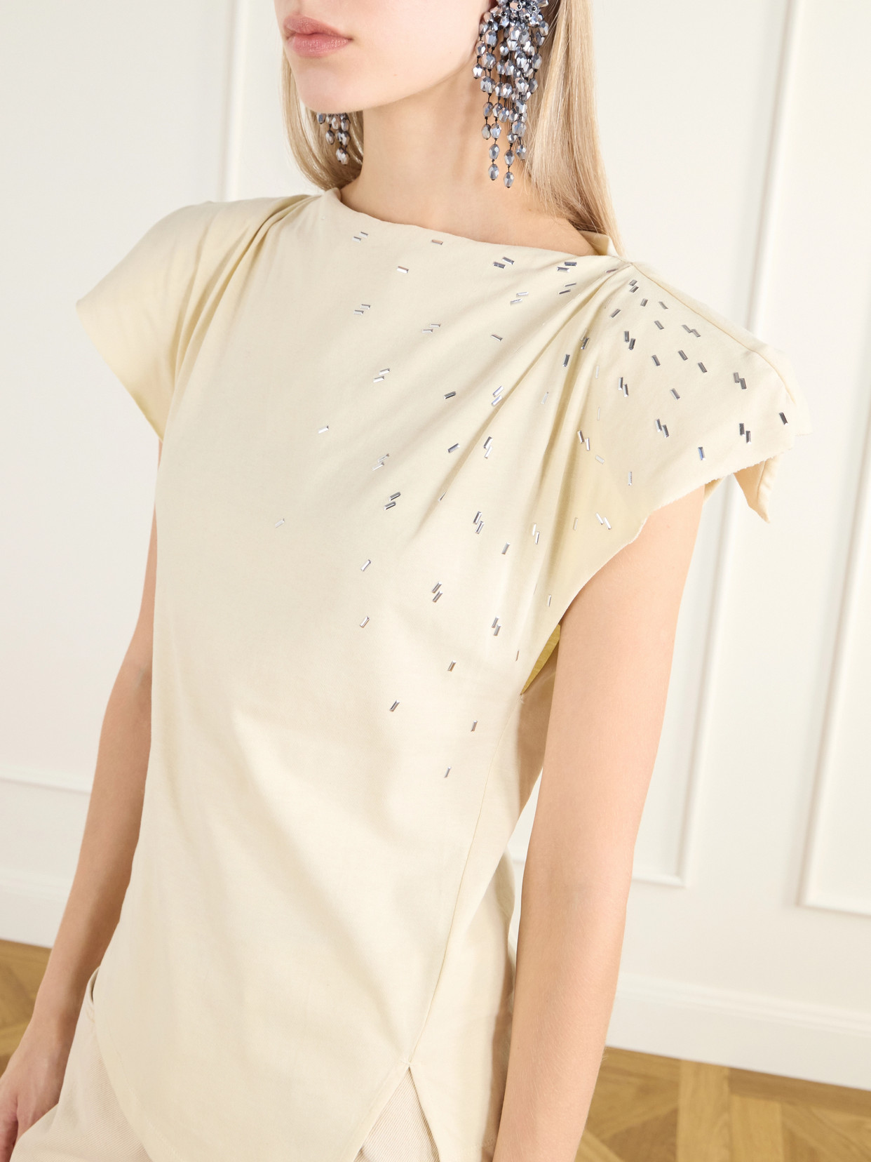Sebani Asymmetric Gathered Bead-Embellished Cotton-Jersey T-Shirt