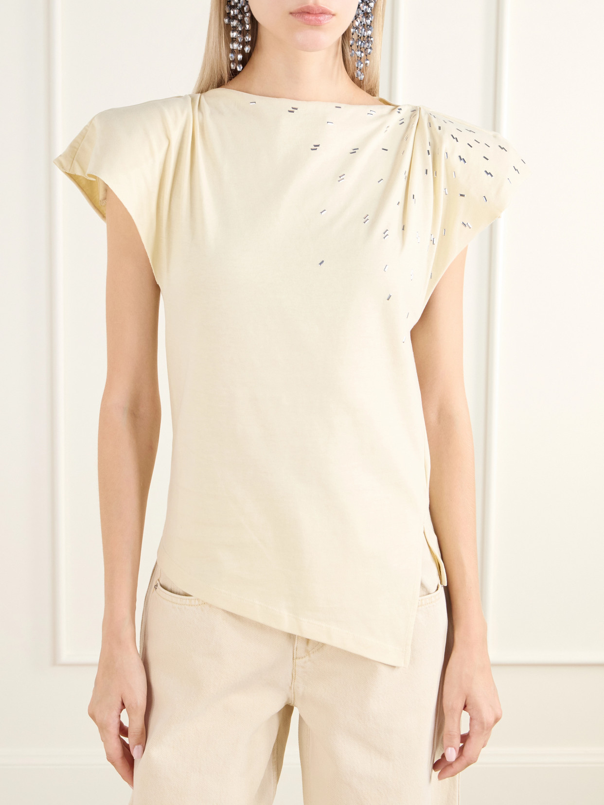 Sebani Asymmetric Gathered Bead-Embellished Cotton-Jersey T-Shirt