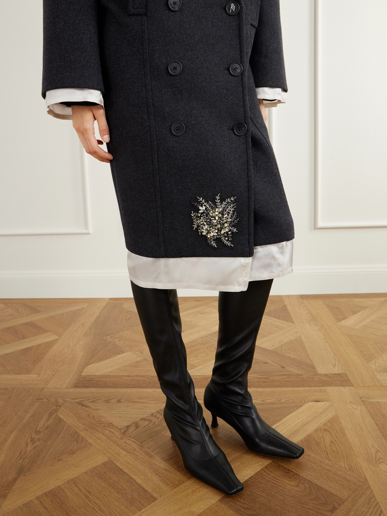 Double-Breasted Crystal-Embellished Satin-Trimmed Wool-Blend Twill Coat