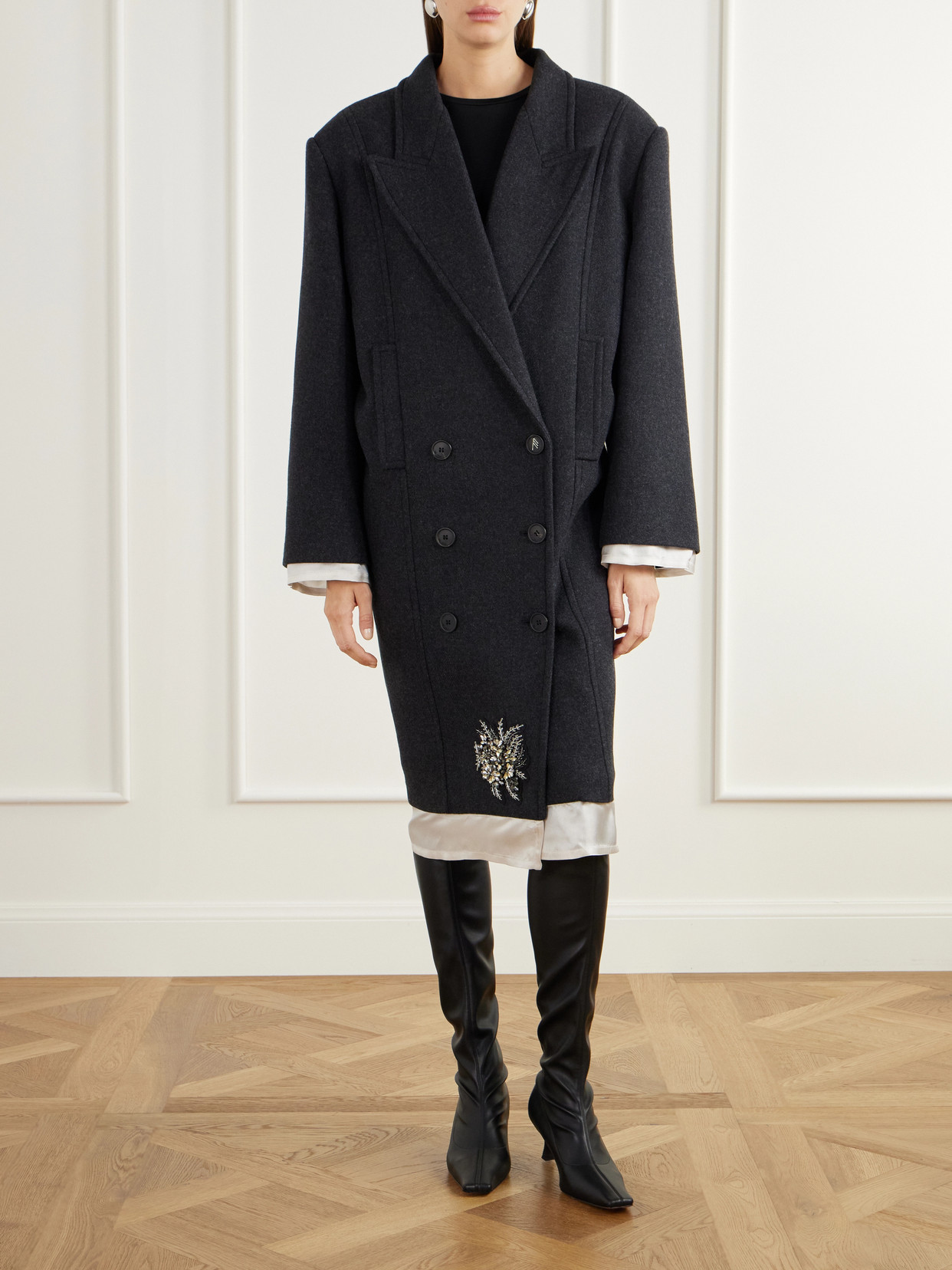 Double-Breasted Crystal-Embellished Satin-Trimmed Wool-Blend Twill Coat