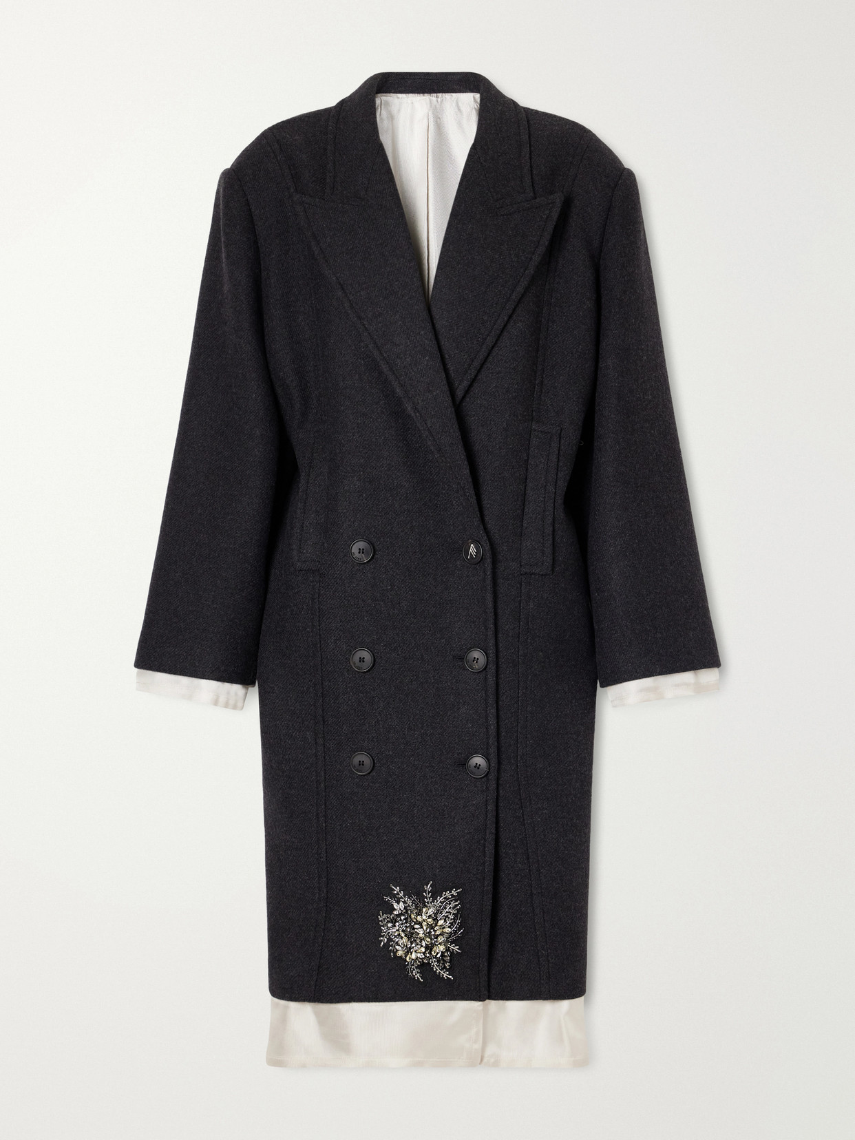 Double-Breasted Crystal-Embellished Satin-Trimmed Wool-Blend Twill Coat