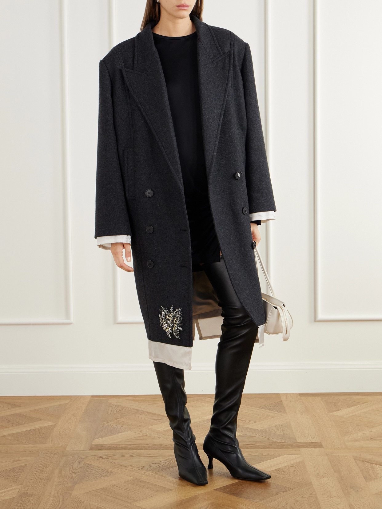 Double-Breasted Crystal-Embellished Satin-Trimmed Wool-Blend Twill Coat