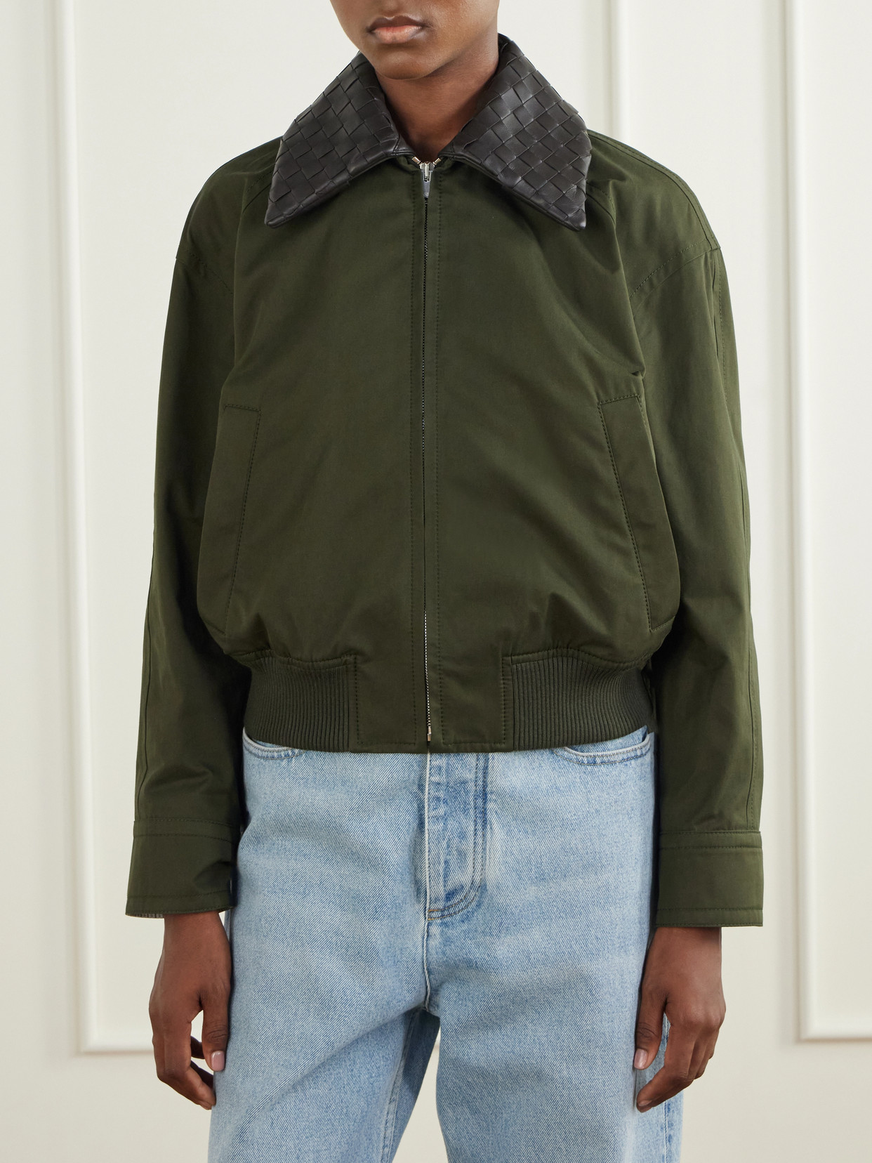 Intrecciato Leather-Trimmed Cotton-Twill Jacket