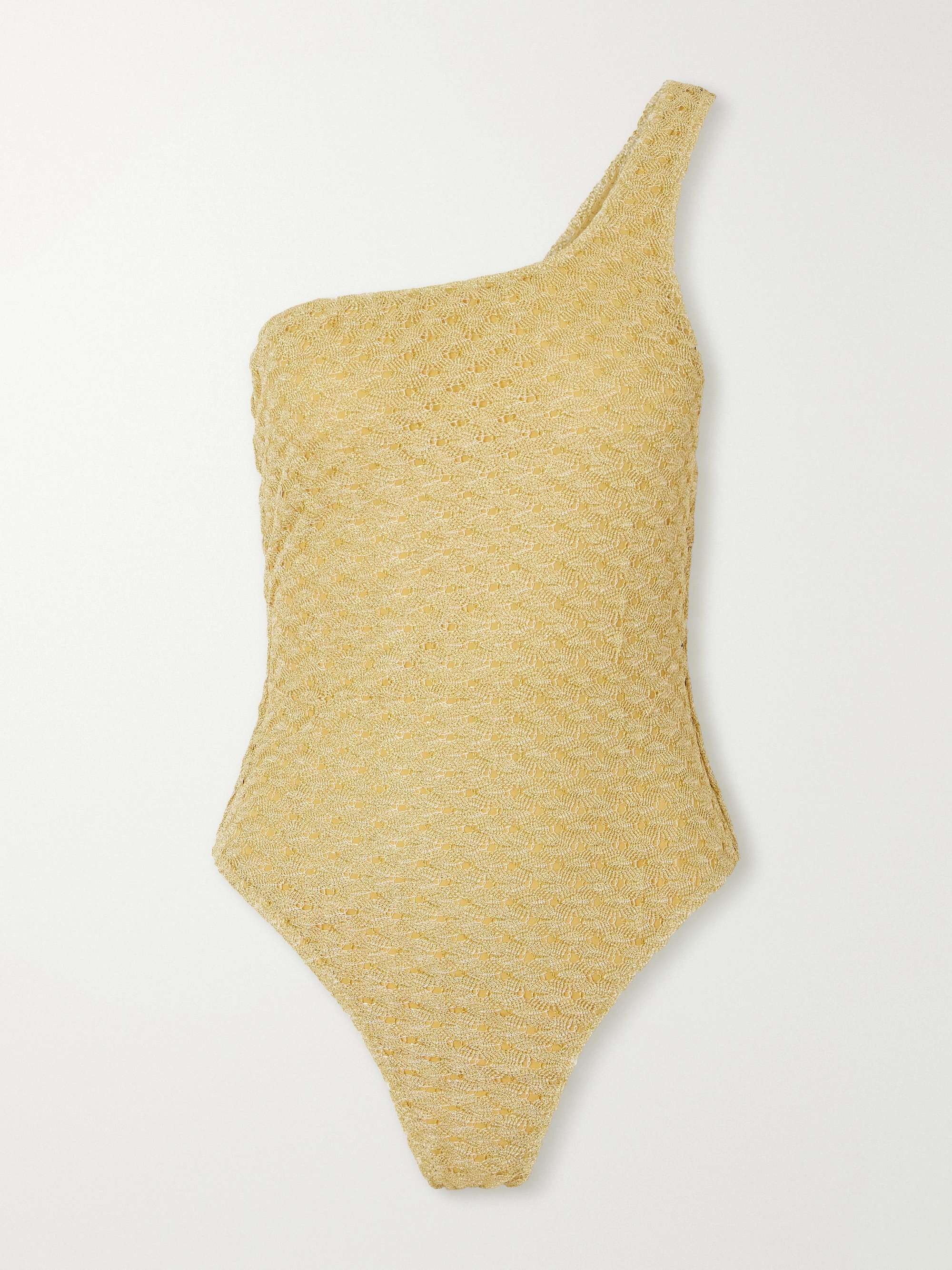 MISSONI Mare one-shoulder striped metallic crochet-knit swimsuit
