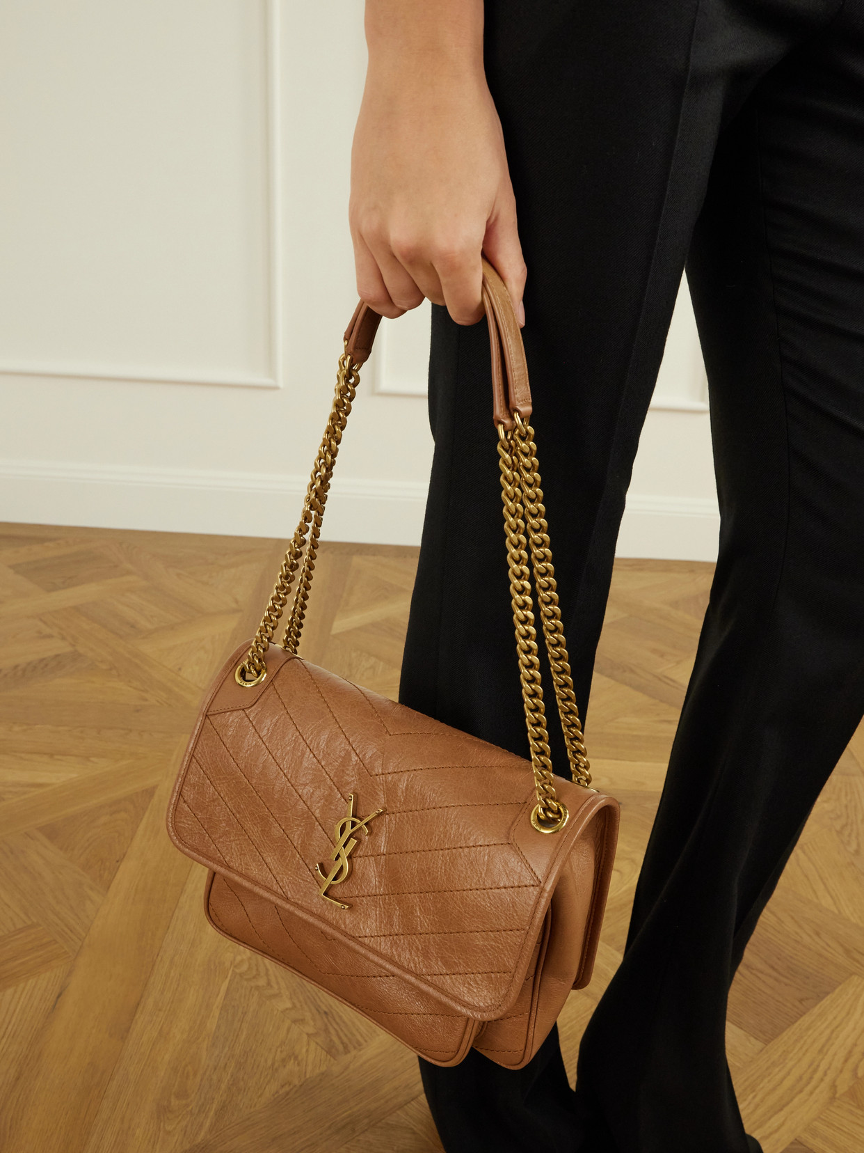 Niki Cassandre-Embellished Crinkled-Leather Shoulder Bag