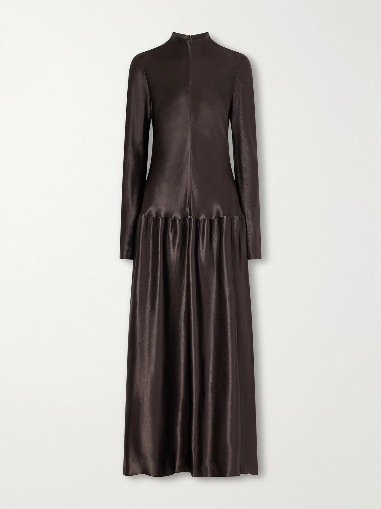 Fforme Mila Gathered Hammered-satin Maxi Dress In Brown