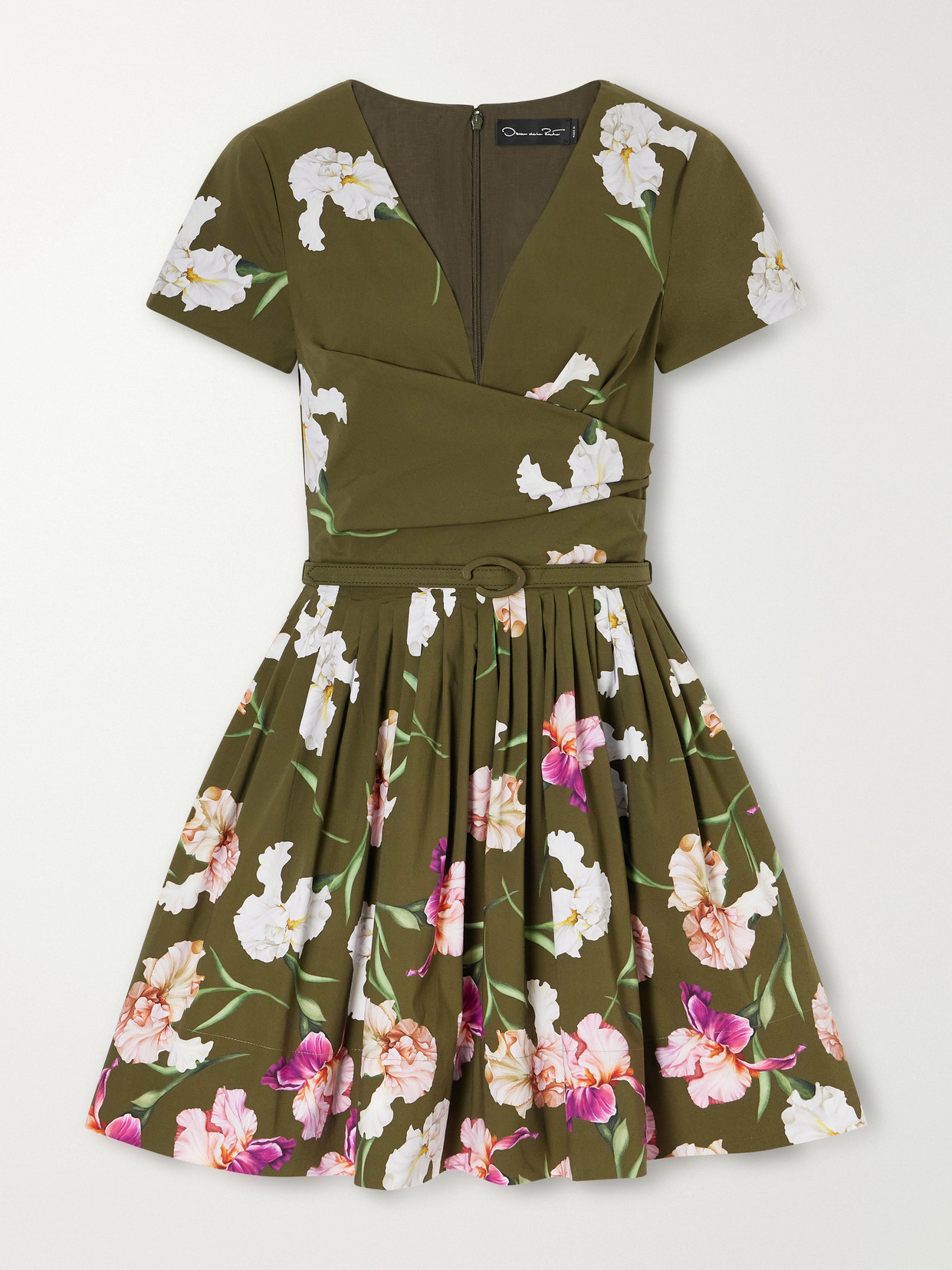 Oscar De La Renta Iris Belted Draped Floral-print Cotton-blend Poplin Mini Dress In Multi