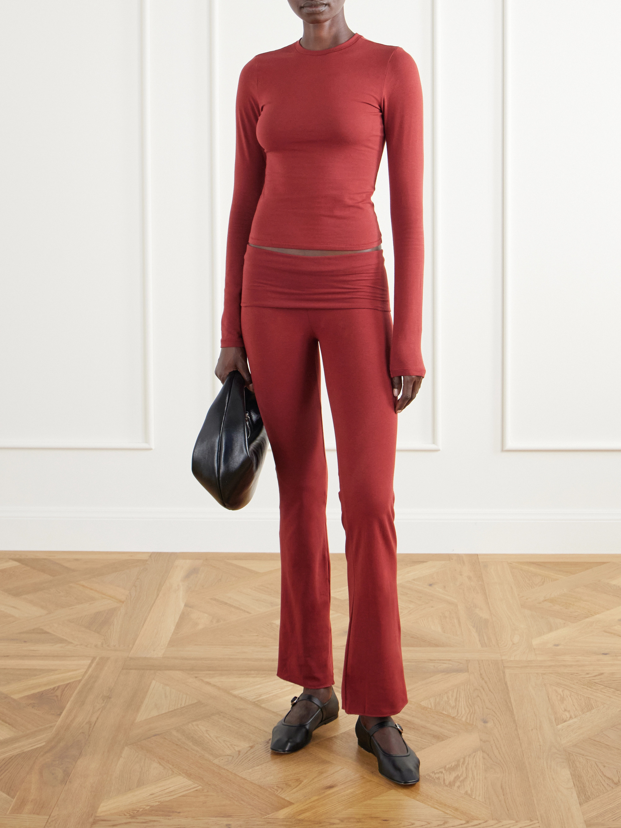 Skims Foldover stretch-cotton jersey flared pants - Merlot