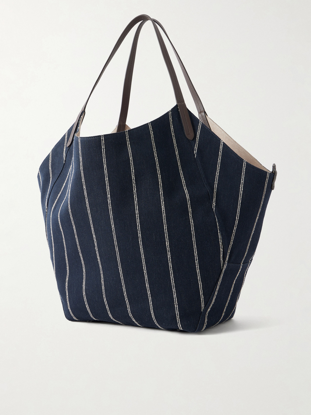 Reversible Pinstriped Leather-Trimmed Denim And Suede Tote