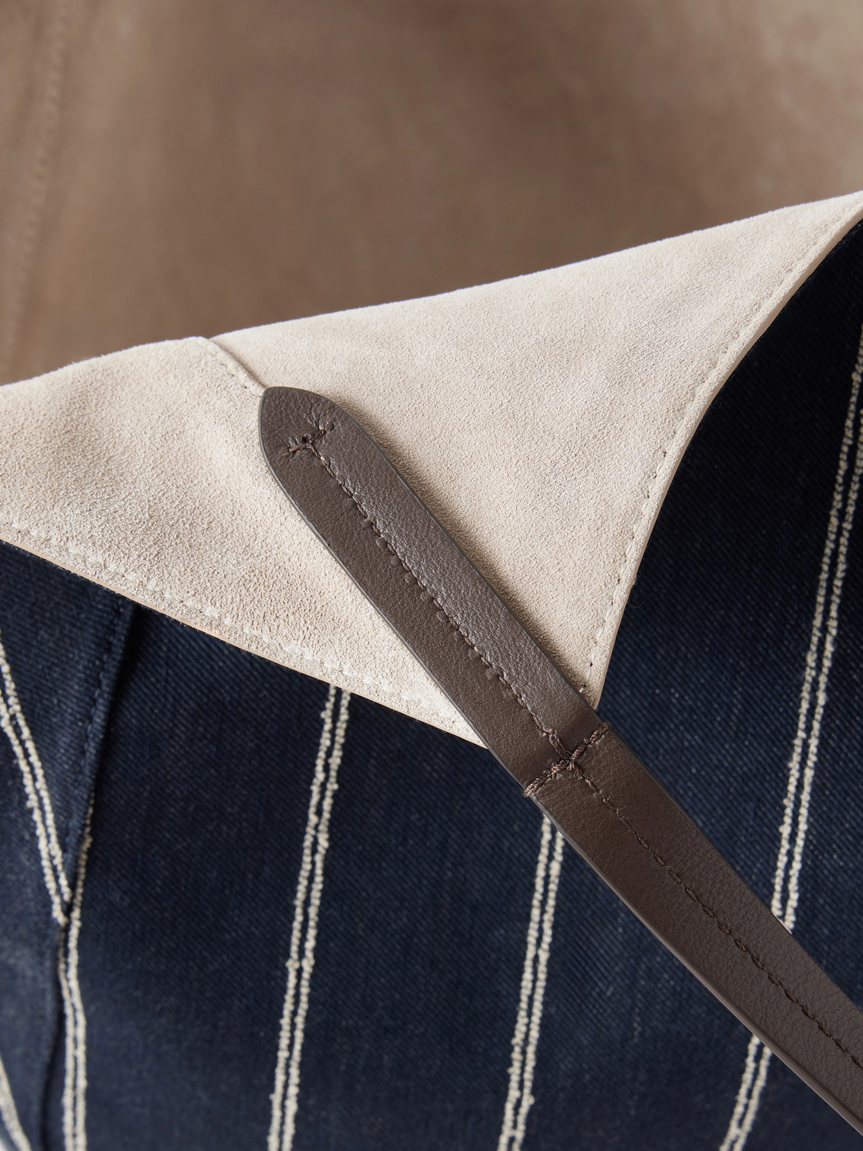 Reversible Pinstriped Leather-Trimmed Denim And Suede Tote