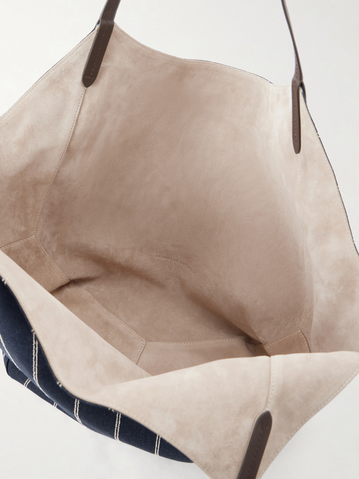 Reversible Pinstriped Leather-Trimmed Denim And Suede Tote
