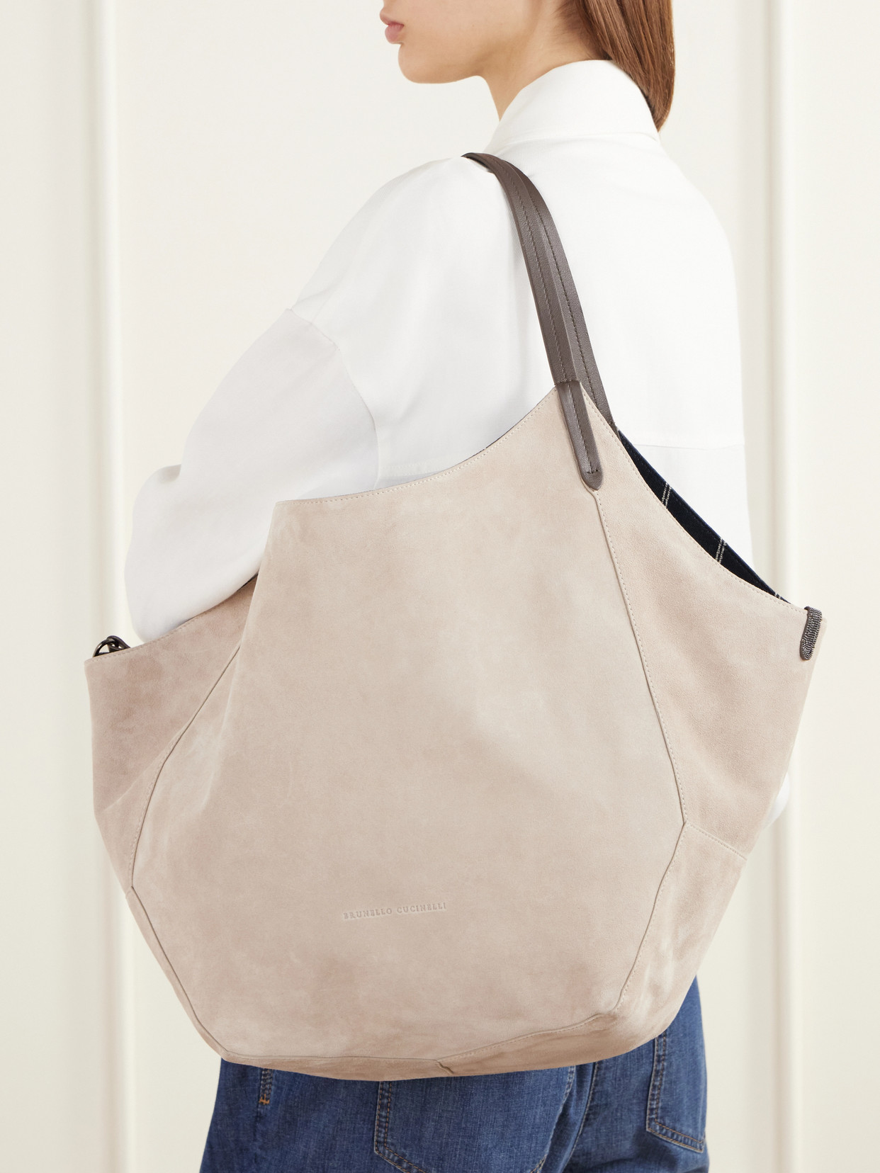 Reversible Pinstriped Leather-Trimmed Denim And Suede Tote