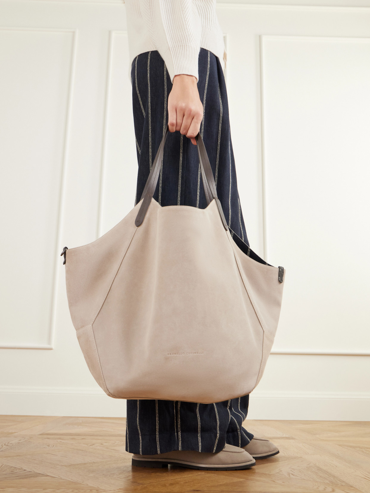 Reversible Pinstriped Leather-Trimmed Denim And Suede Tote