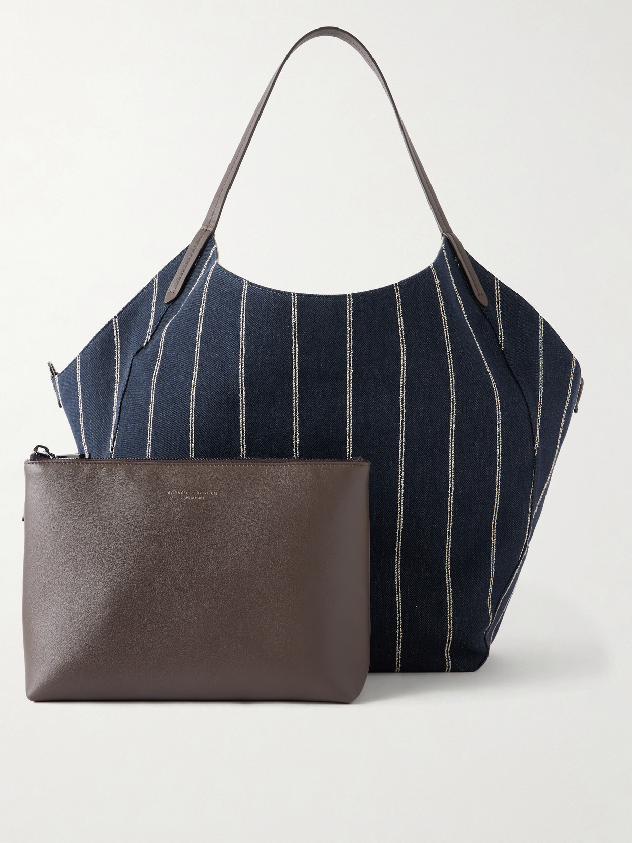 Reversible Pinstriped Leather-Trimmed Denim And Suede Tote