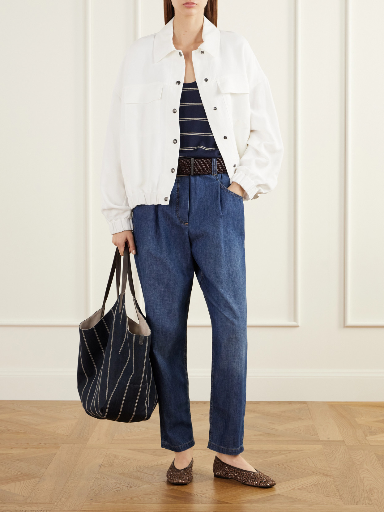 Reversible Pinstriped Leather-Trimmed Denim And Suede Tote