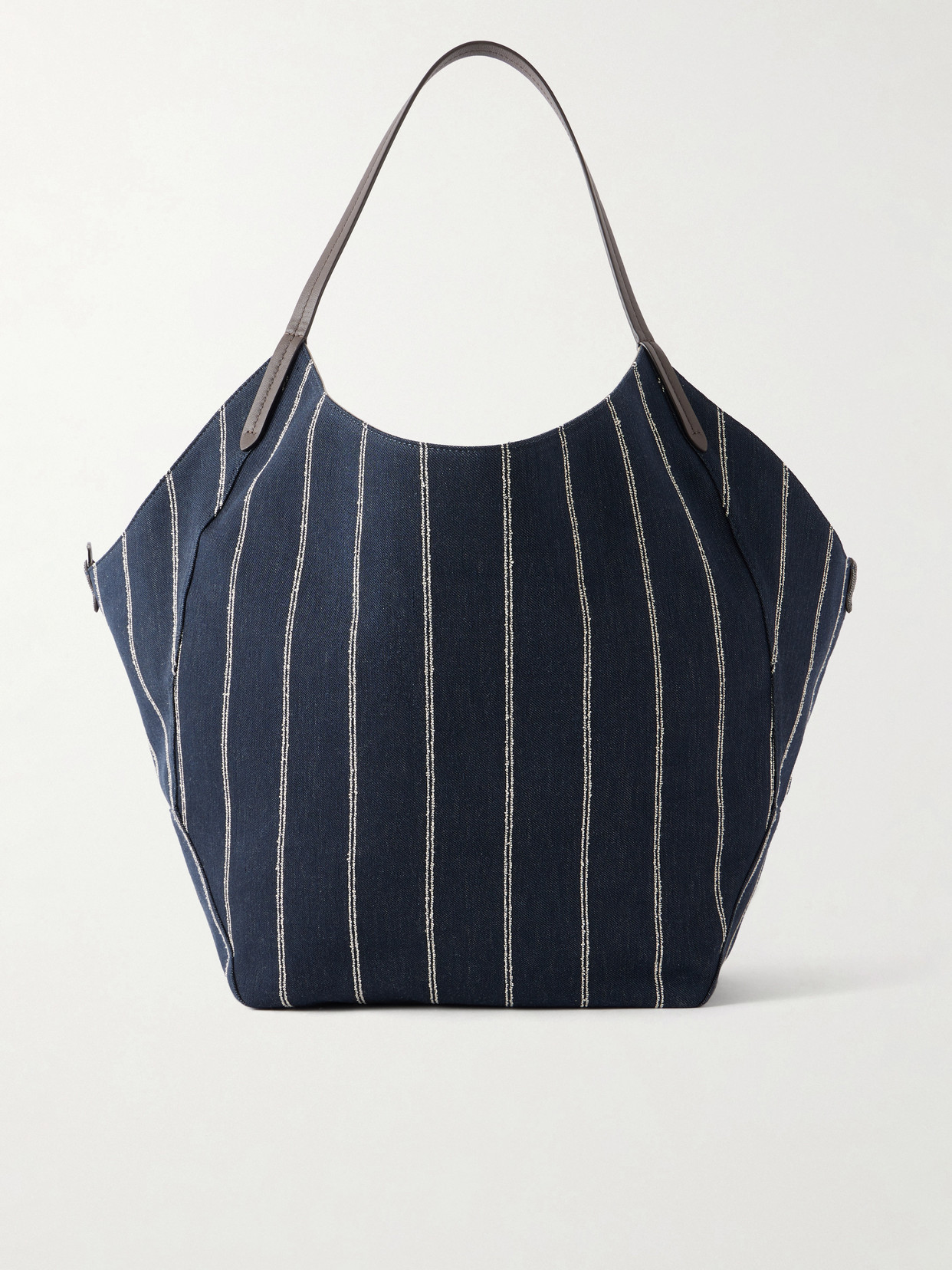 Reversible Pinstriped Leather-Trimmed Denim And Suede Tote