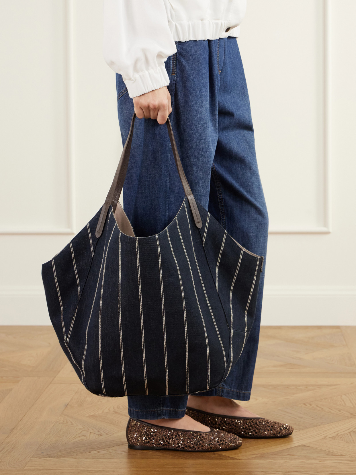 Reversible Pinstriped Leather-Trimmed Denim And Suede Tote