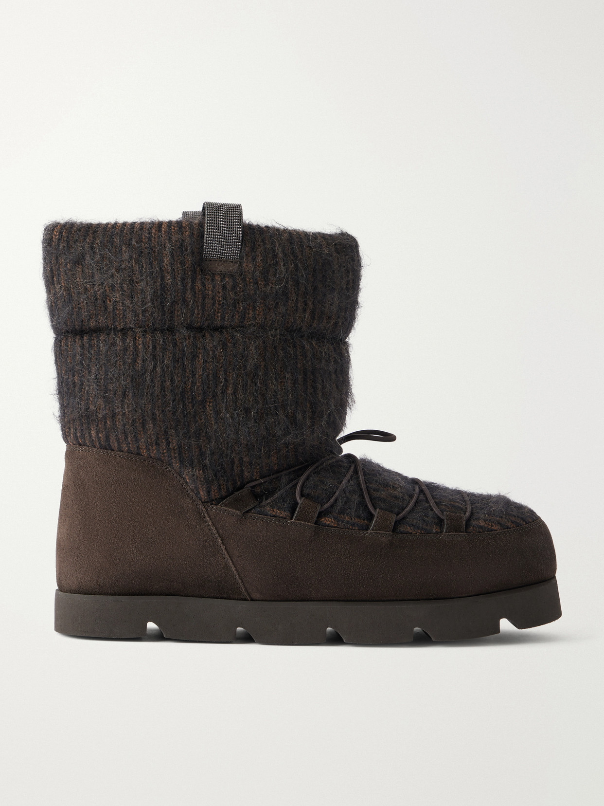 Brunello Cucinelli Monili-embellished Suede-trimmed Brushed Cashmere Ankle Boots In Brown
