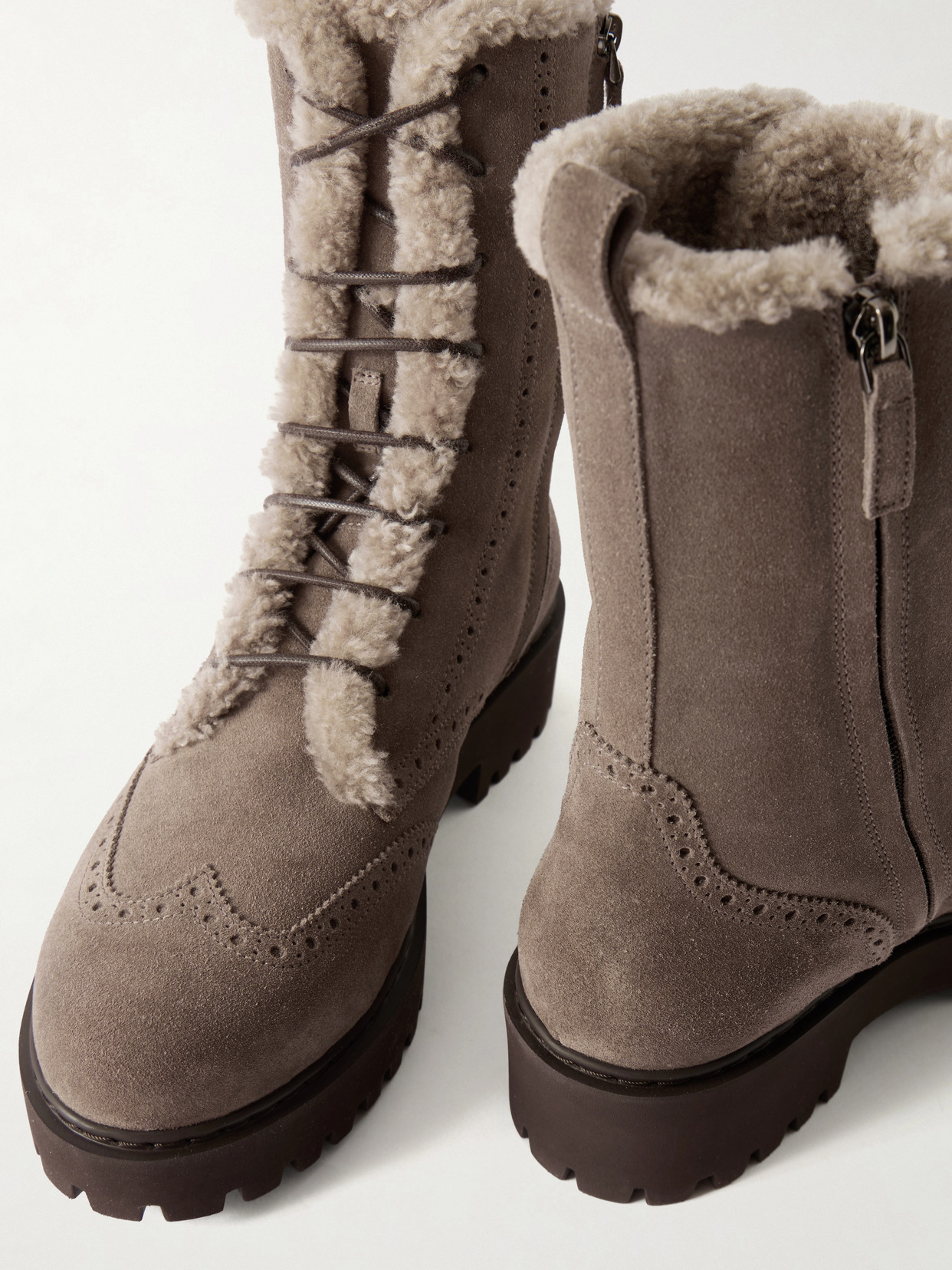 Brogue-Detailed Shearling-Trimmed Ankle Boots