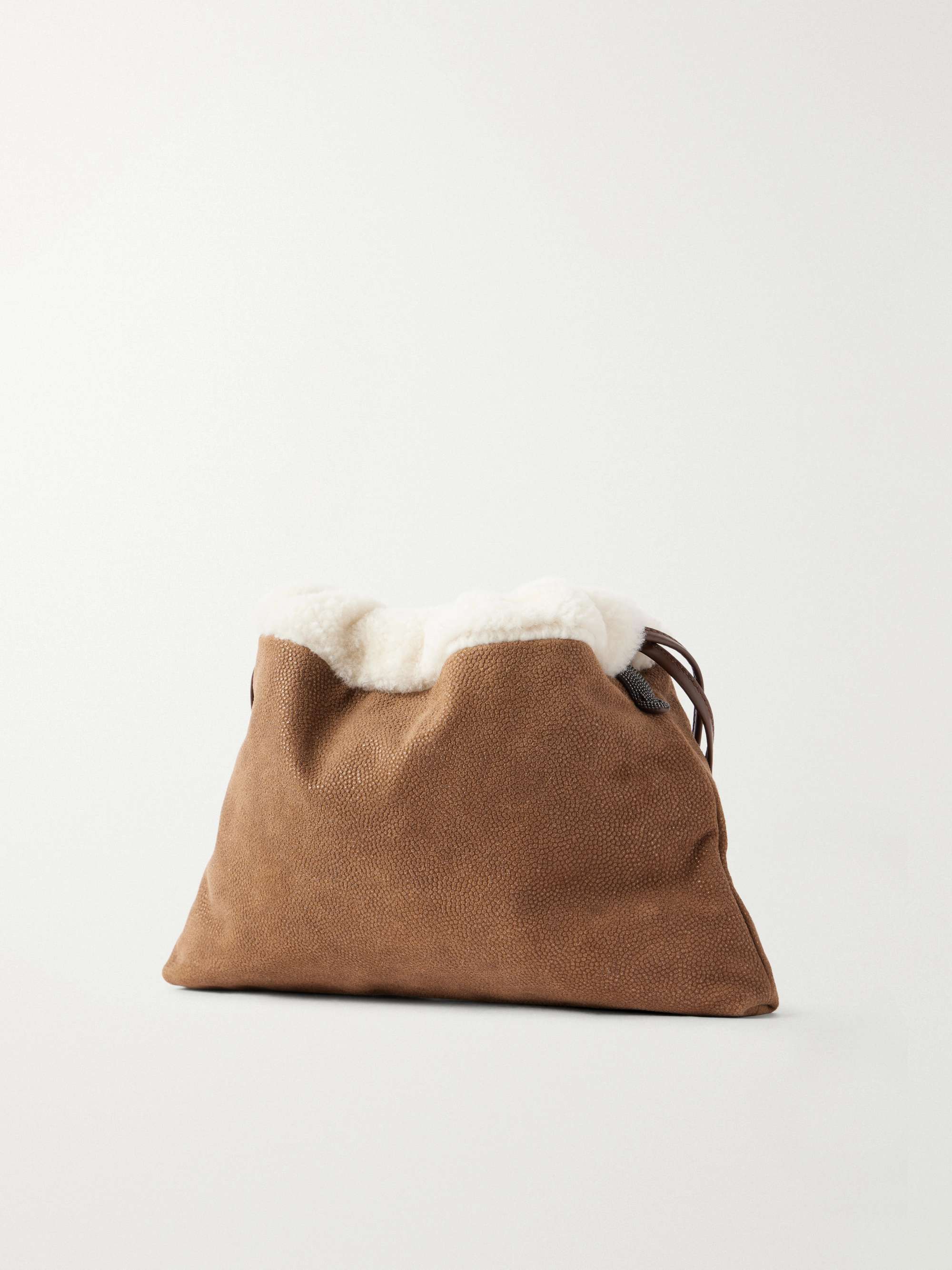 BRUNELLO CUCINELLI Bead-embellished shearling-trimmed full-grain