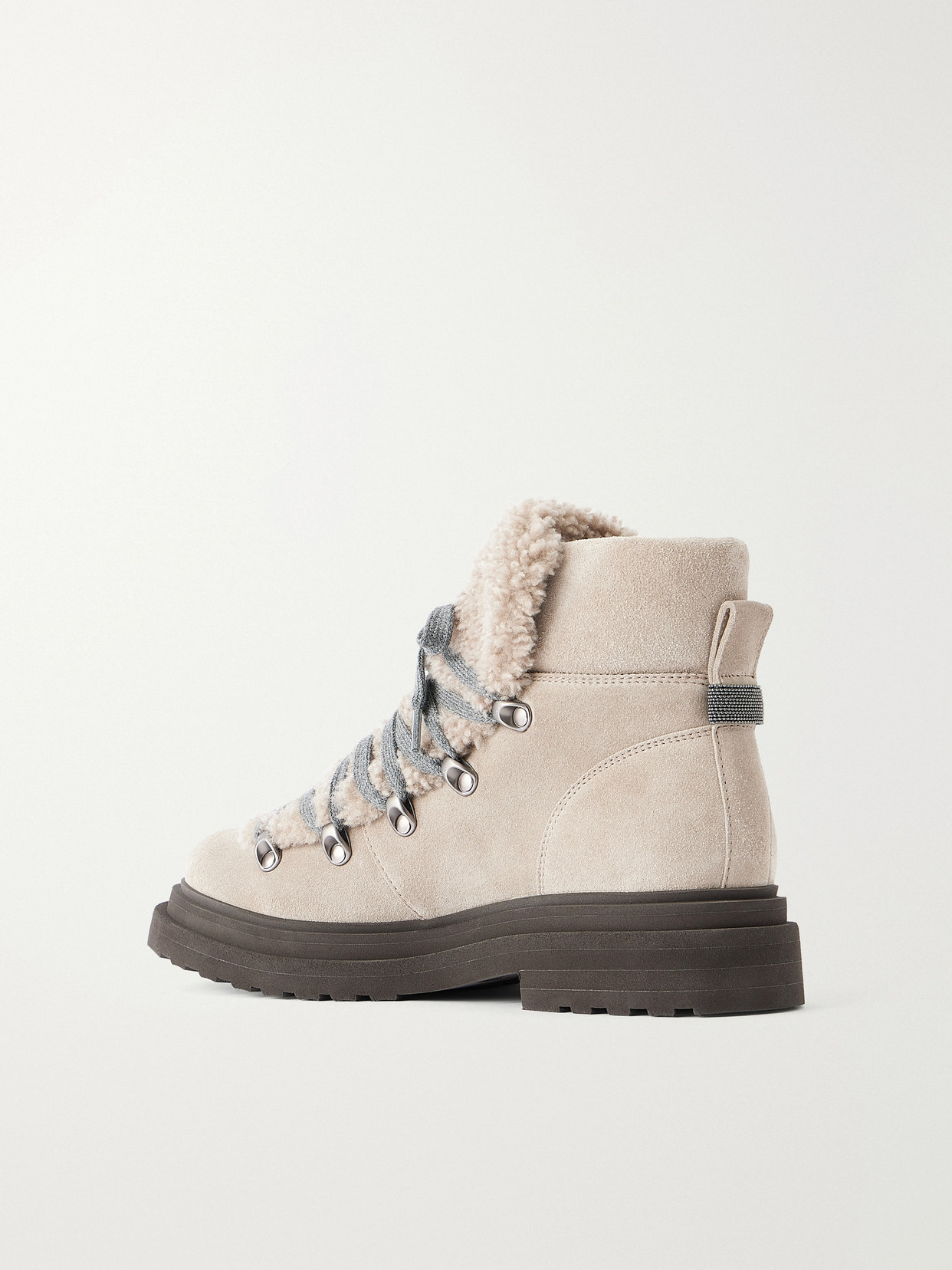 Bead-Embellished Shearling-Trimmed Ankle Boots