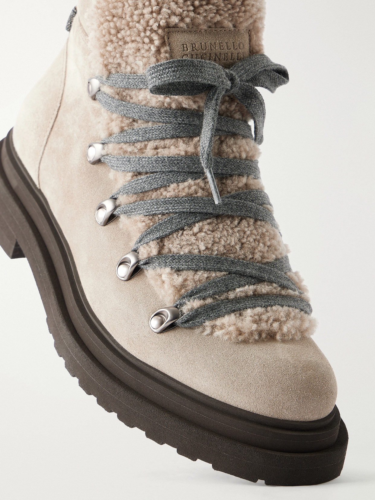 Bead-Embellished Shearling-Trimmed Ankle Boots