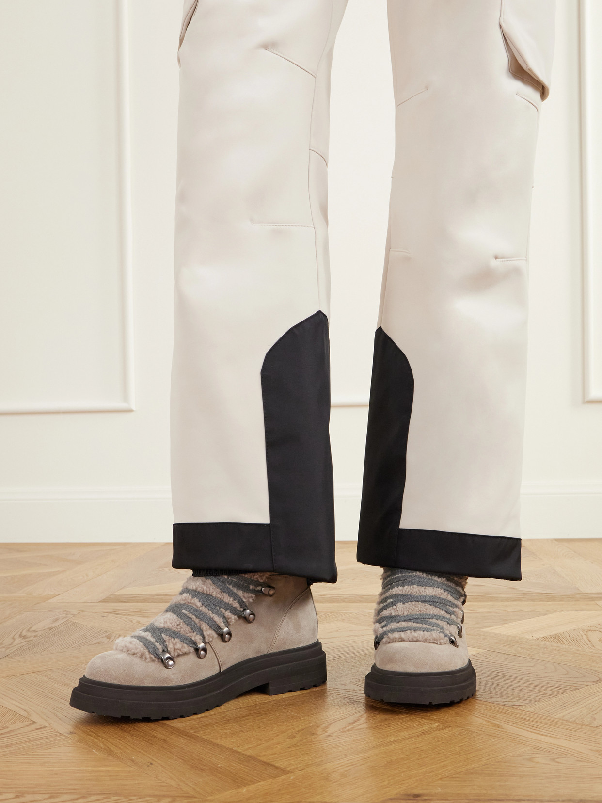 Bead-Embellished Shearling-Trimmed Ankle Boots