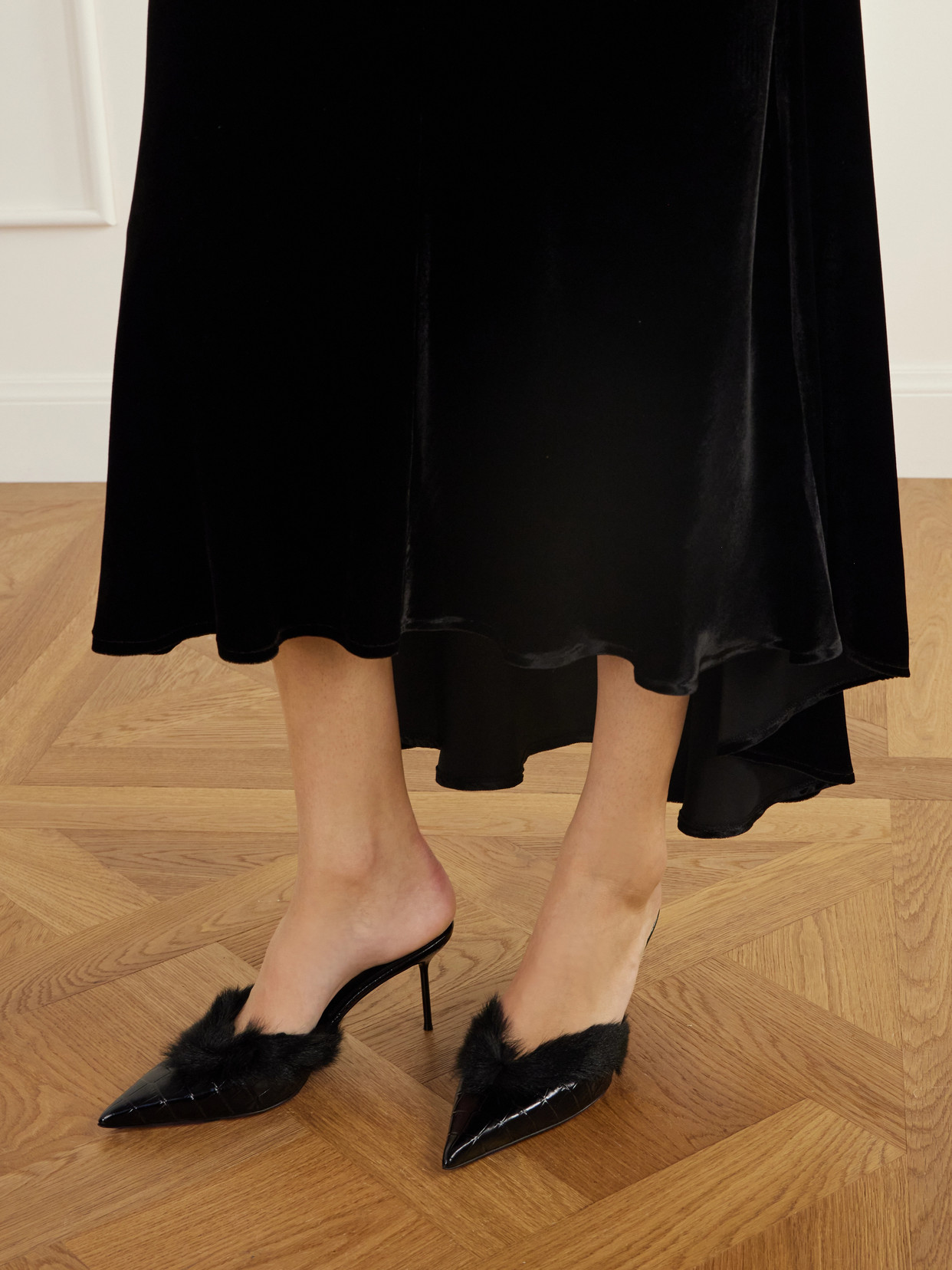 Lidia 70 Plush-Trimmed Croc-Effect Pumps