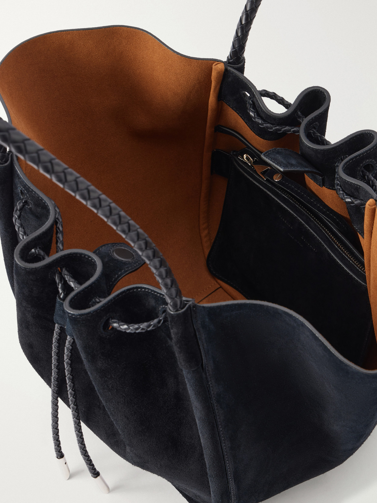 Large Ruched Leather-Trimmed Suede Tote