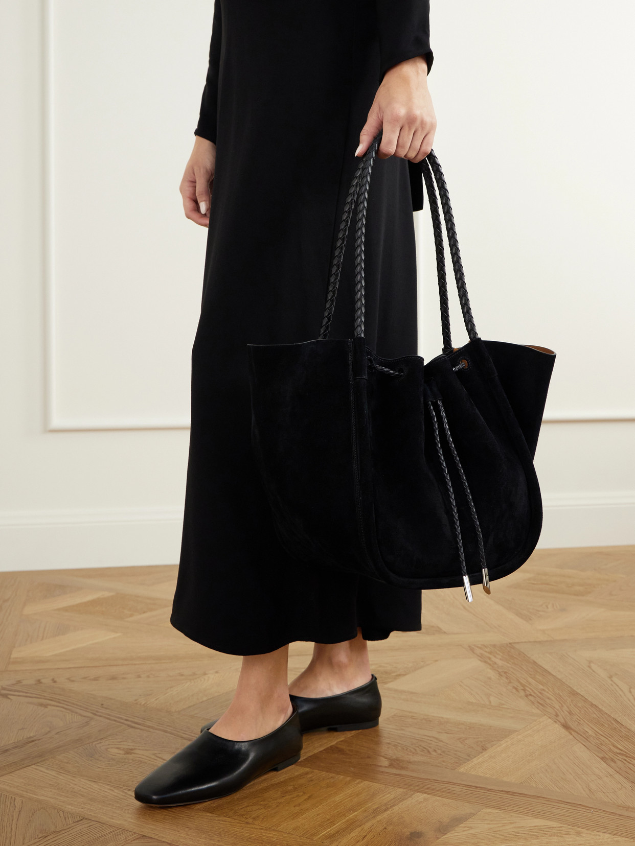 Large Ruched Leather-Trimmed Suede Tote