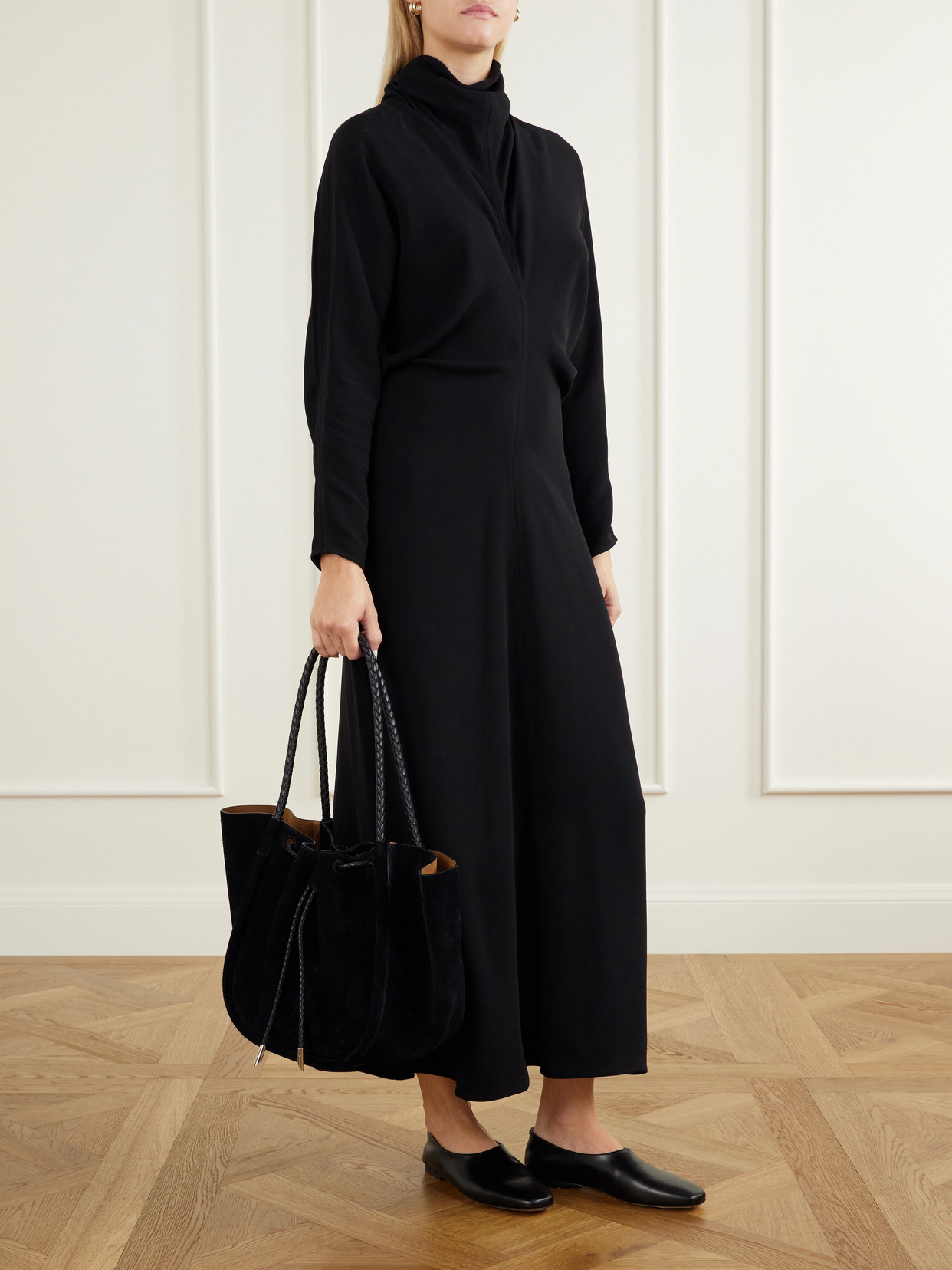 Large Ruched Leather-Trimmed Suede Tote