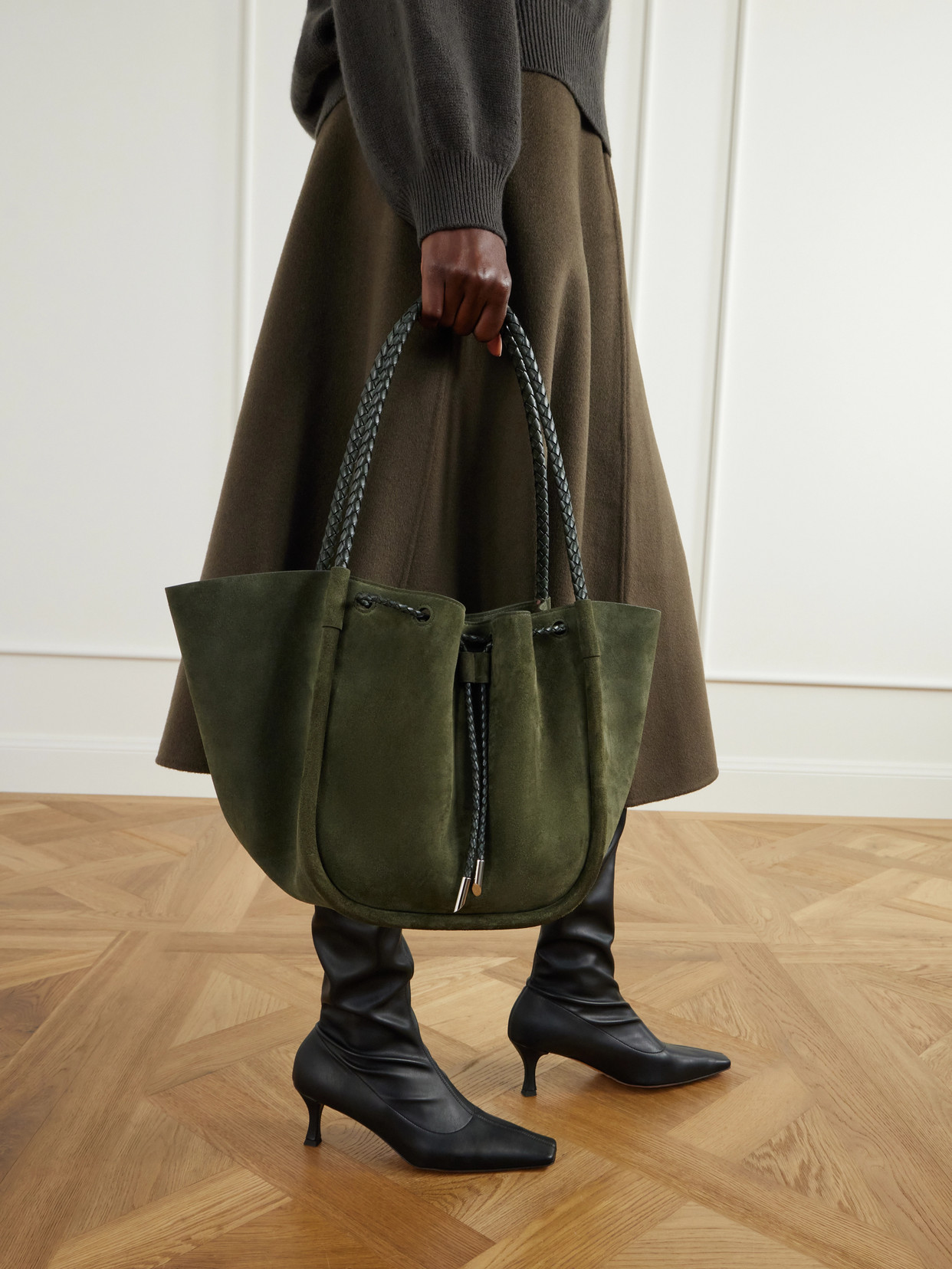 Large Ruched Leather-Trimmed Suede Tote
