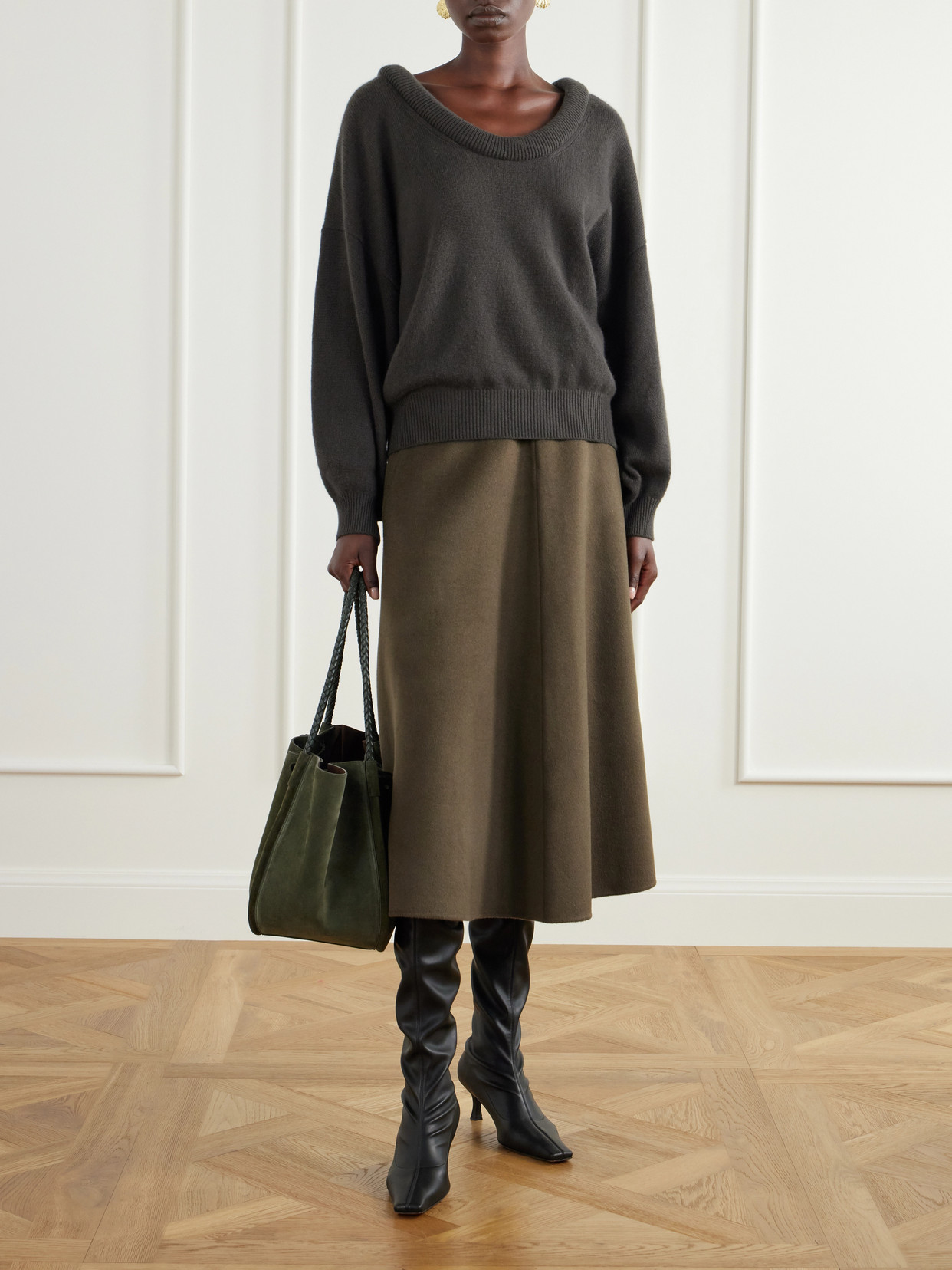 Large Ruched Leather-Trimmed Suede Tote
