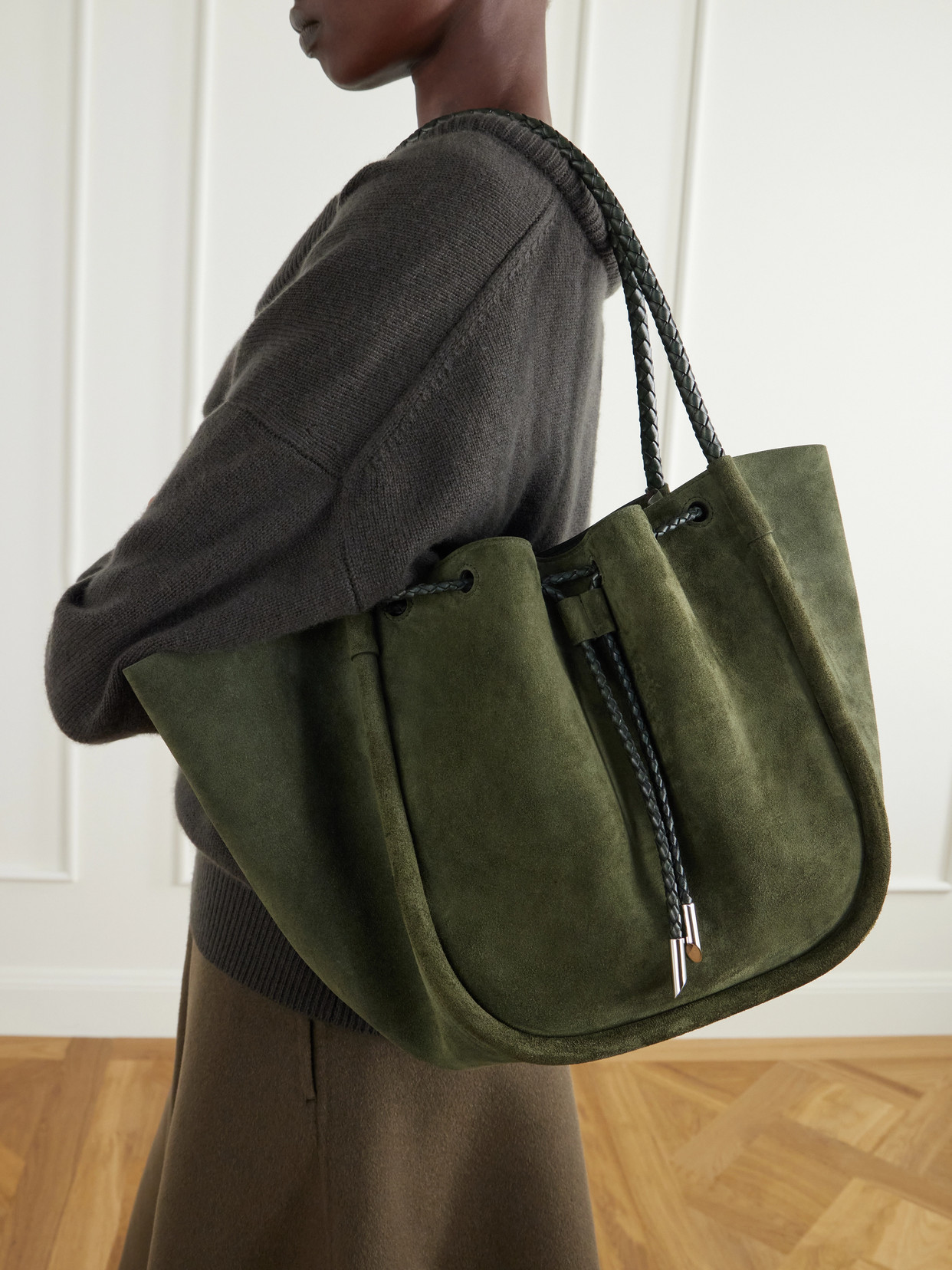 Large Ruched Leather-Trimmed Suede Tote