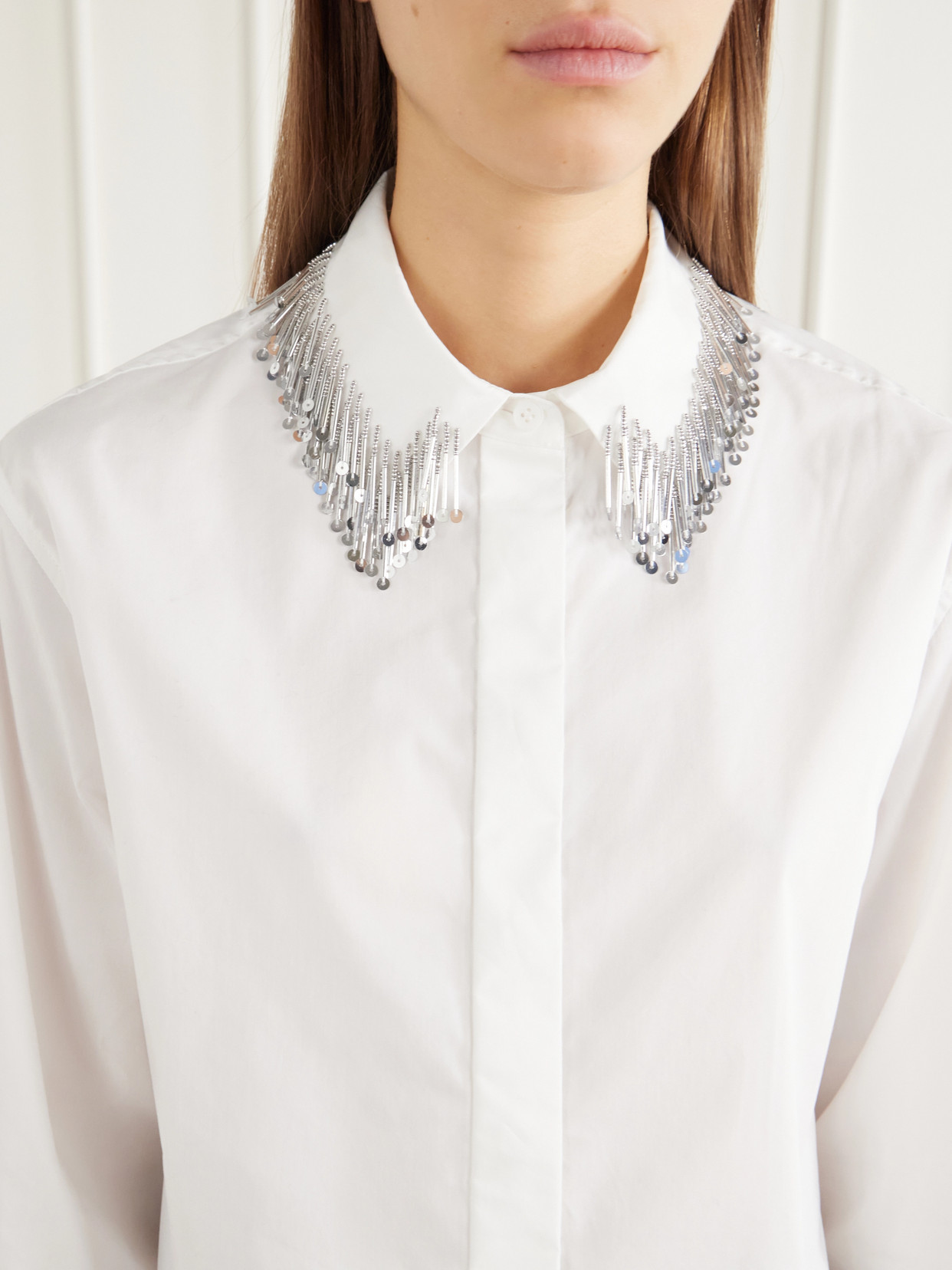 Renata Cropped Bead-Embellished Cotton-Blend Poplin Shirt