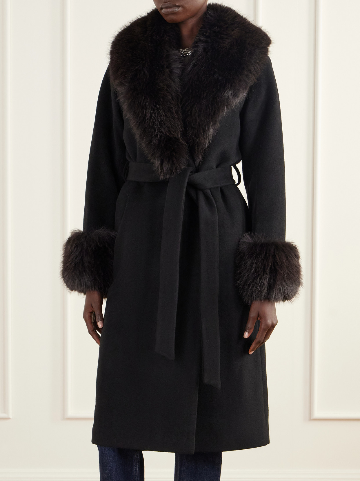 Kinsley Belted Plush-Trimmed Wool-Blend Melton Coat