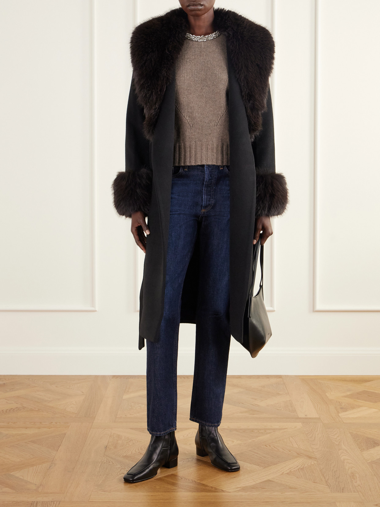 Kinsley Belted Plush-Trimmed Wool-Blend Melton Coat