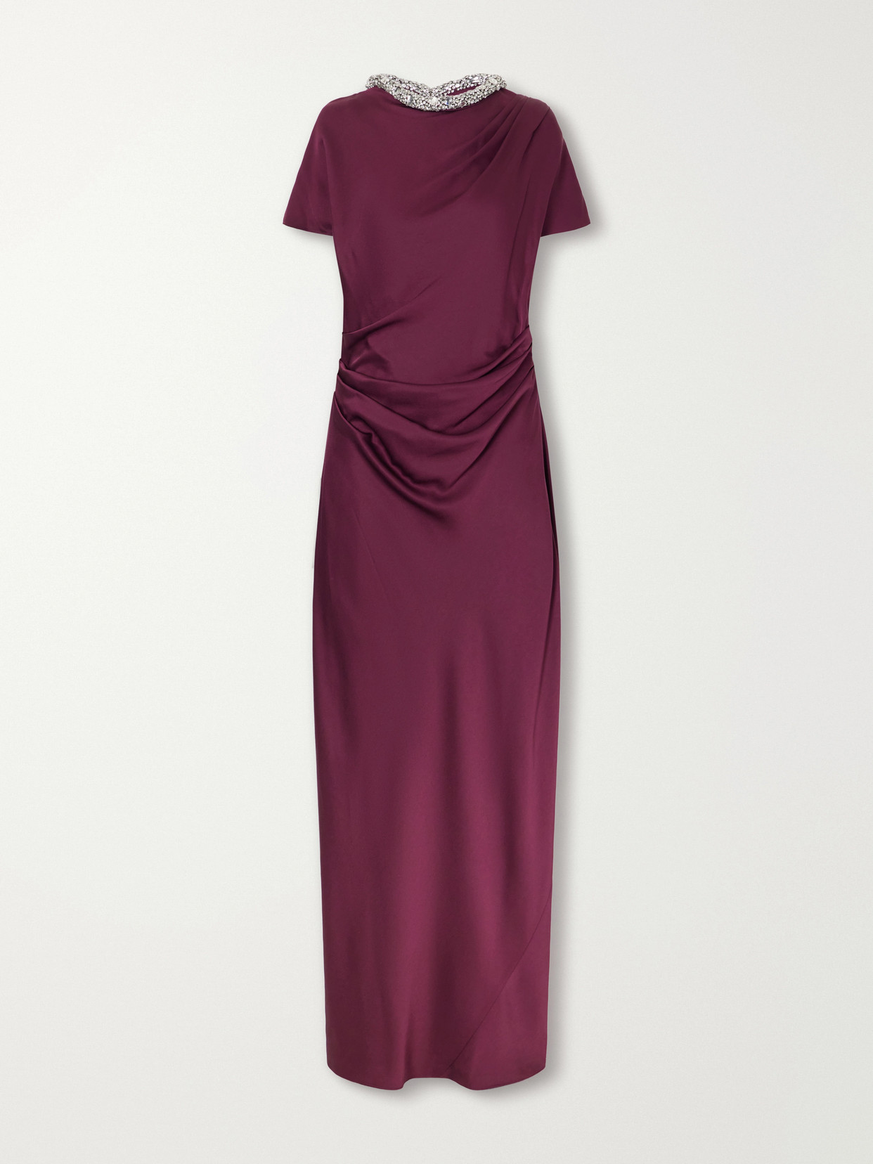 Simkhai Eliza Gathered Crystal-embellished Crepe-satin Gown In Burgundy