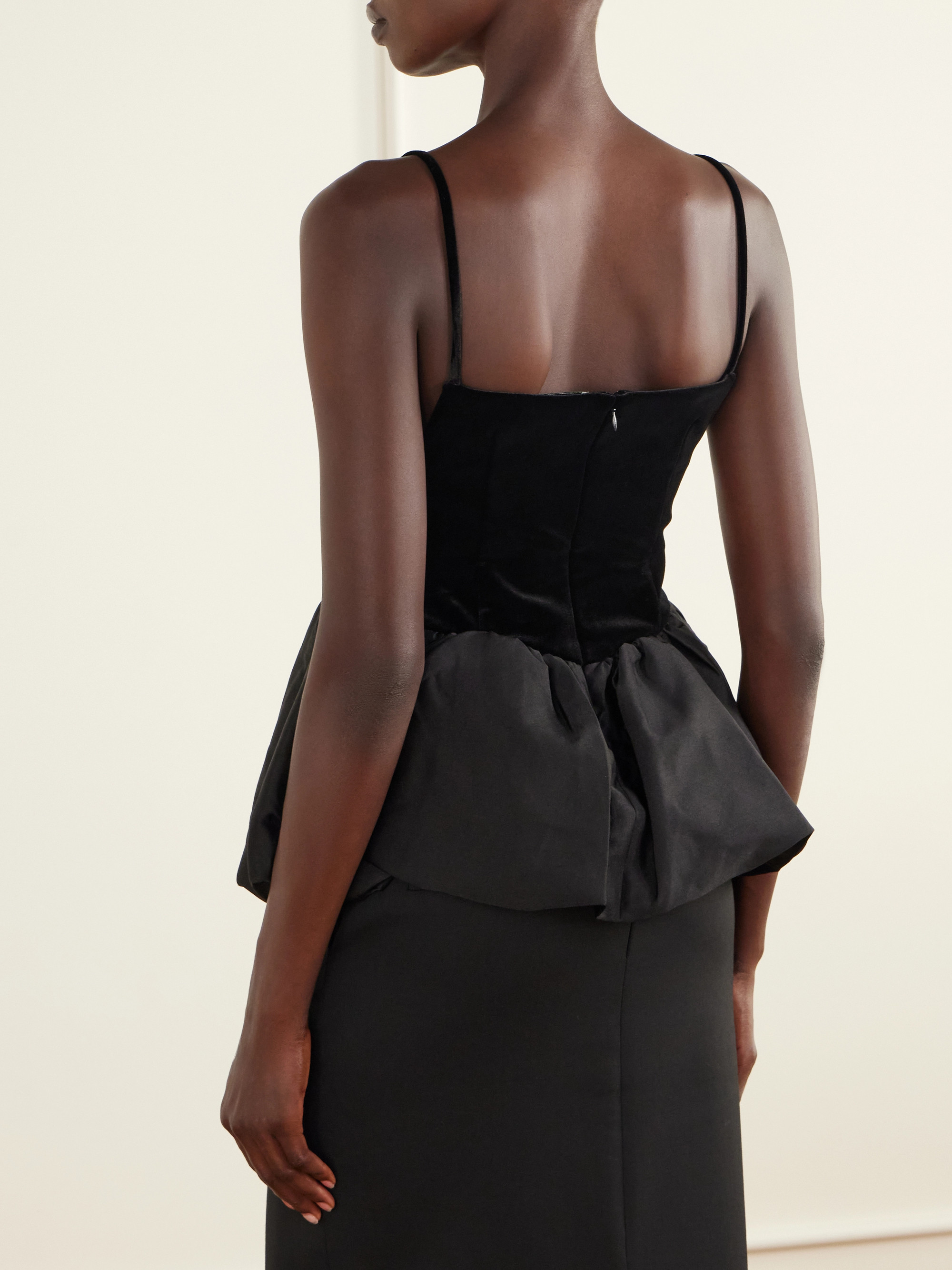 self-portrait Bow-detailed peplum satin-trimmed velvet top