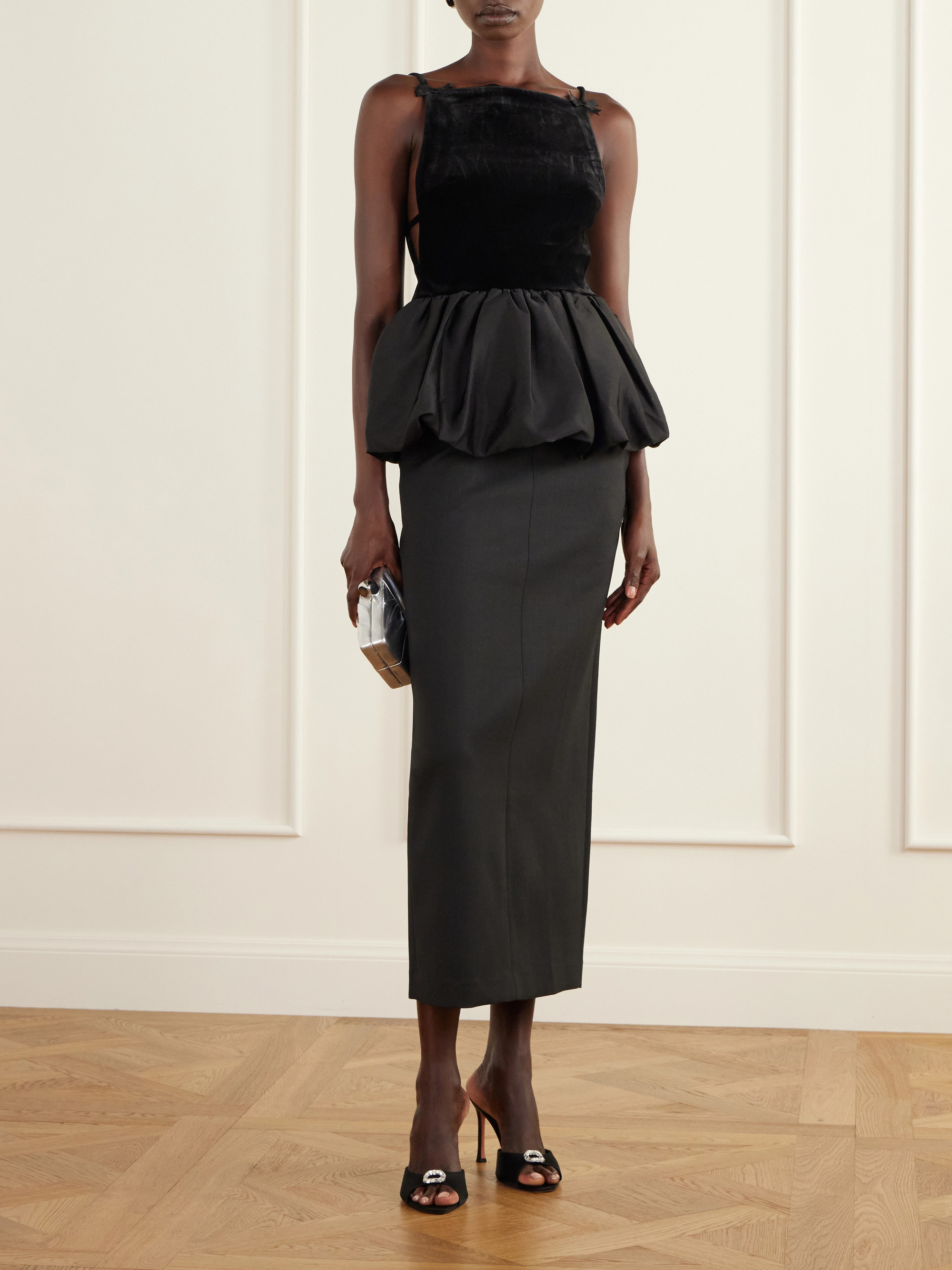 self-portrait Bow-detailed peplum satin-trimmed velvet top