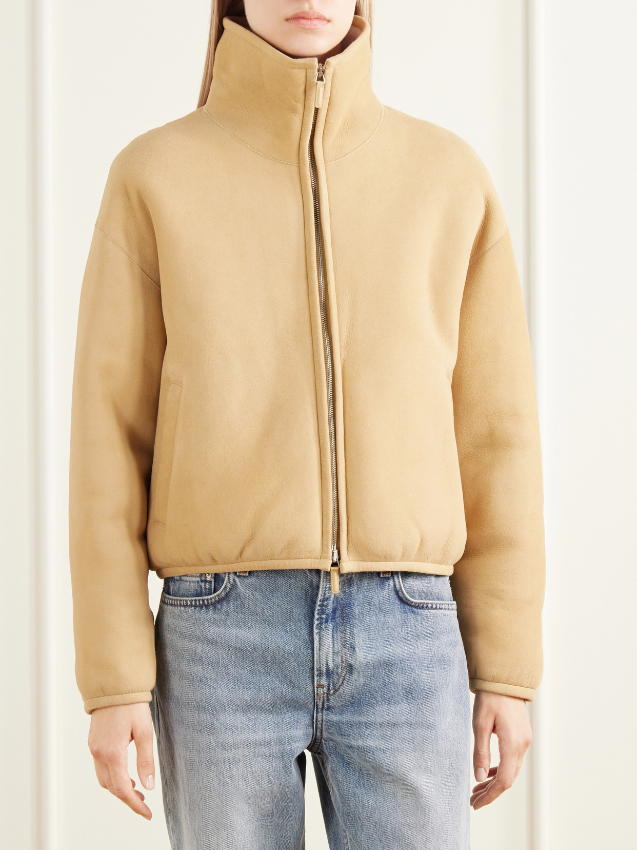 Cropped Shearling-Trimmed Jacket