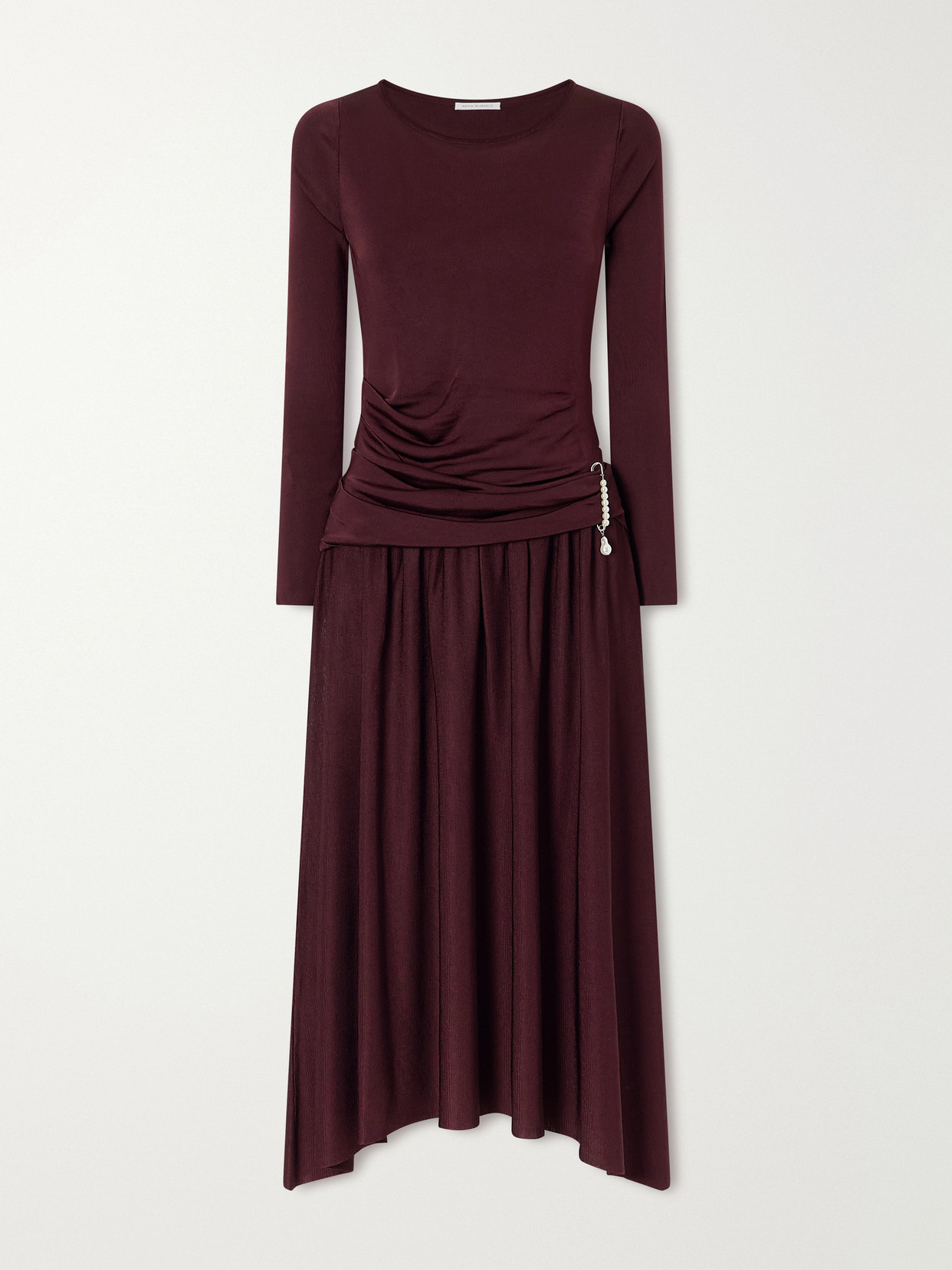 Maria Mcmanus Embellished Asymmetric Pleated Stretch-jersey Midi Dress In Purple