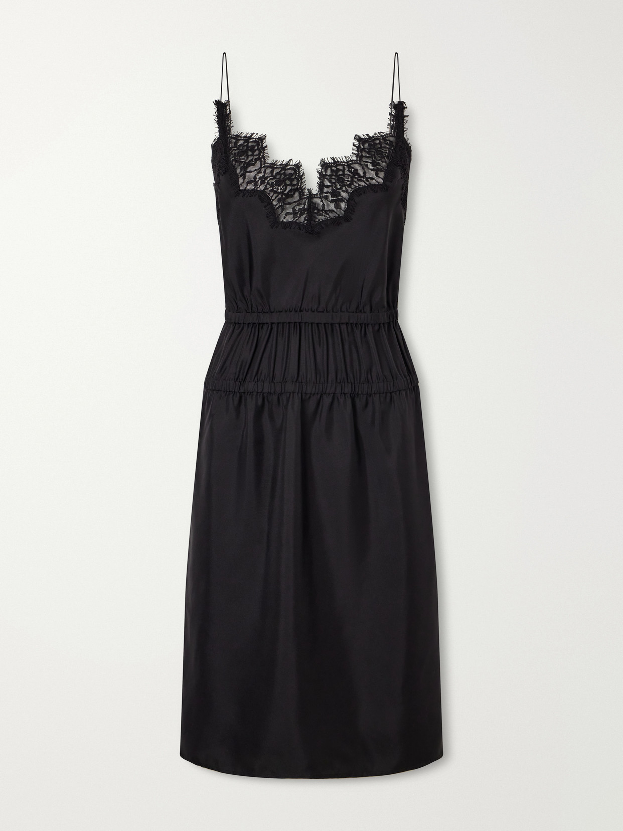 Rohe Camura Lace-trimmed Shirred Silk-satin Midi Dress In Black