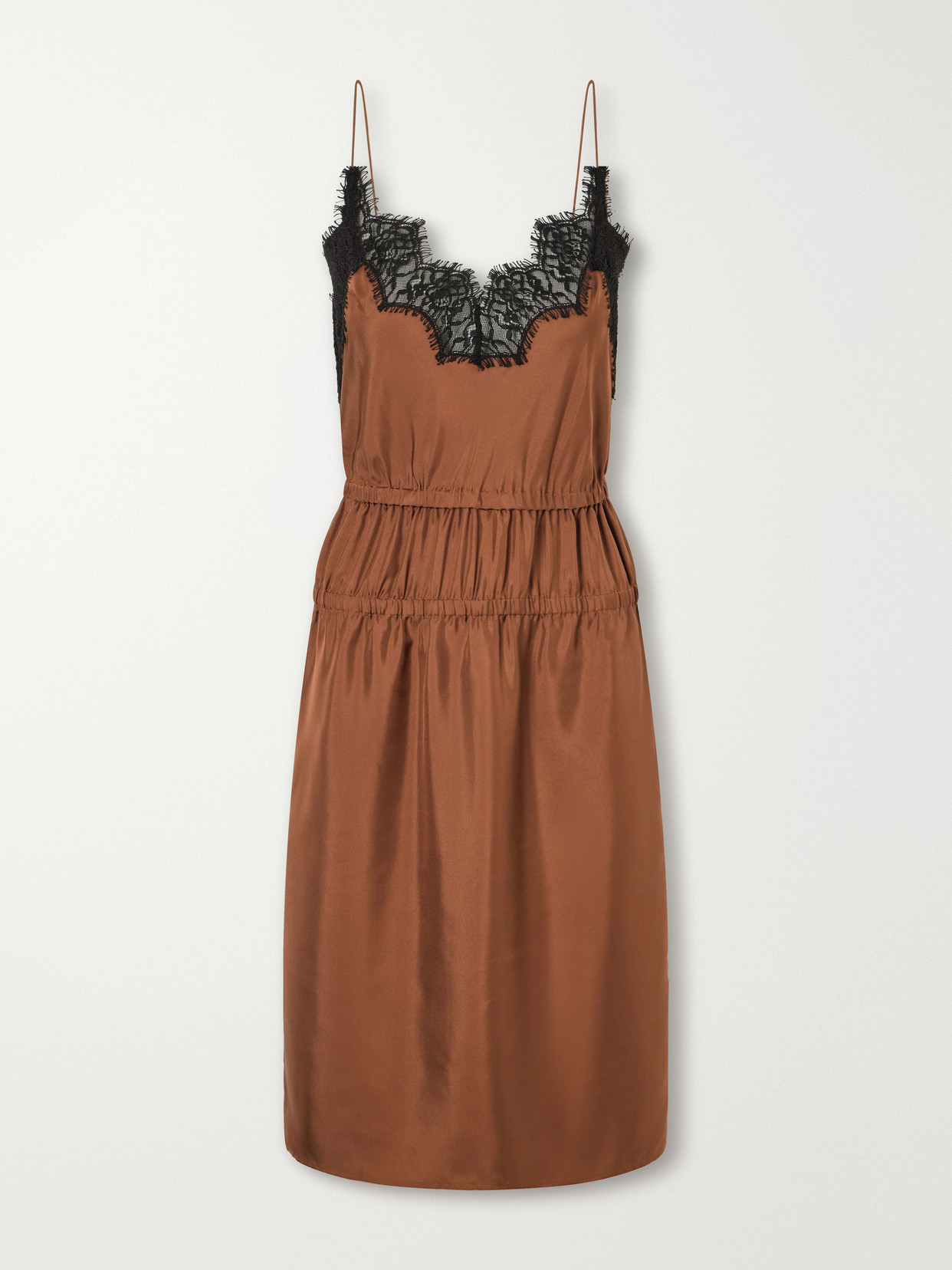 Rohe Camura Lace-trimmed Shirred Silk-satin Midi Dress In Brown