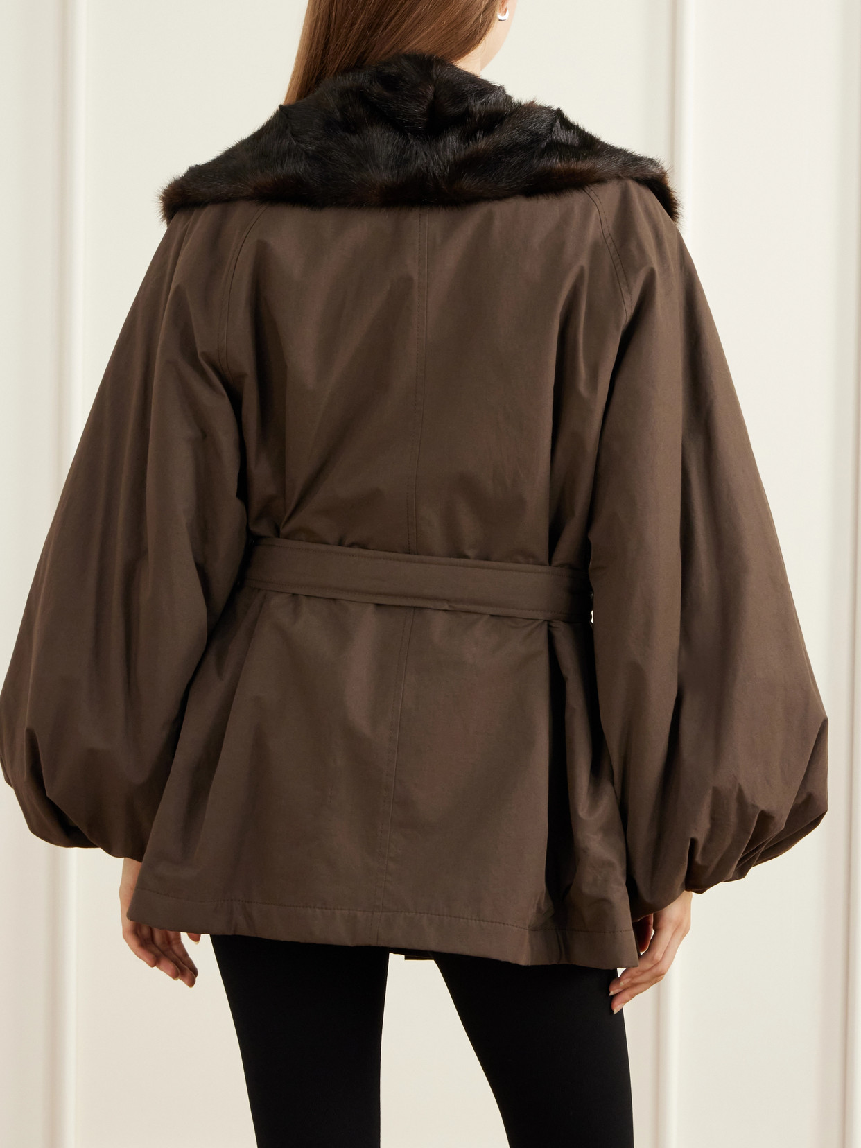 Belted Plush-Trimmed Short Coat