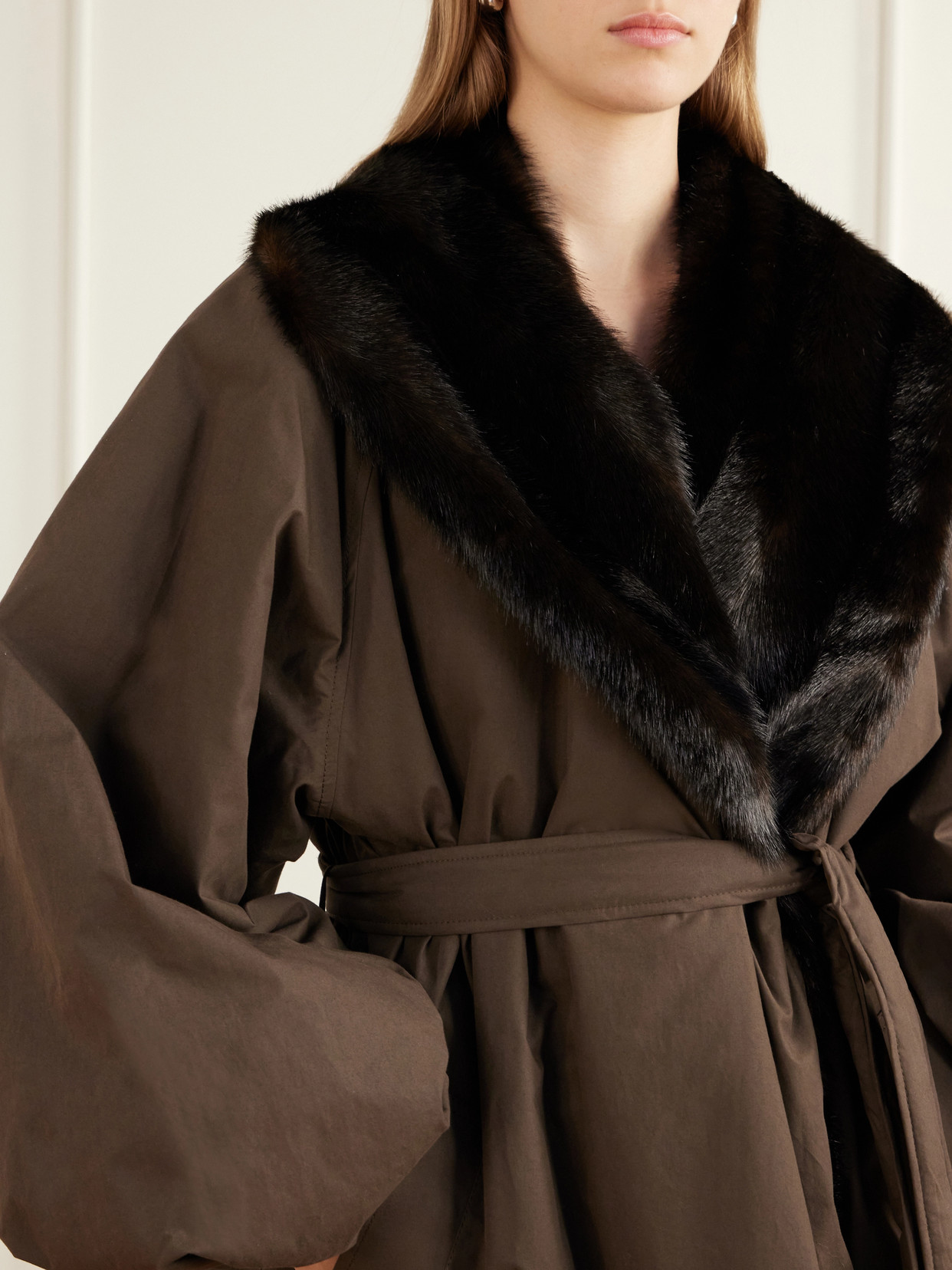 Belted Plush-Trimmed Short Coat