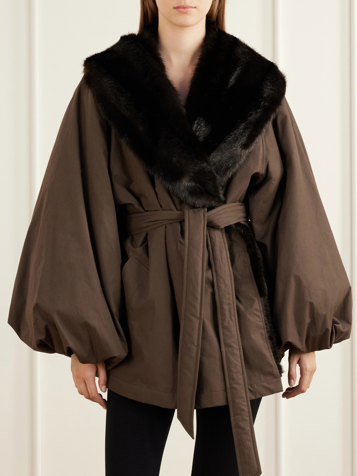 Belted Plush-Trimmed Short Coat