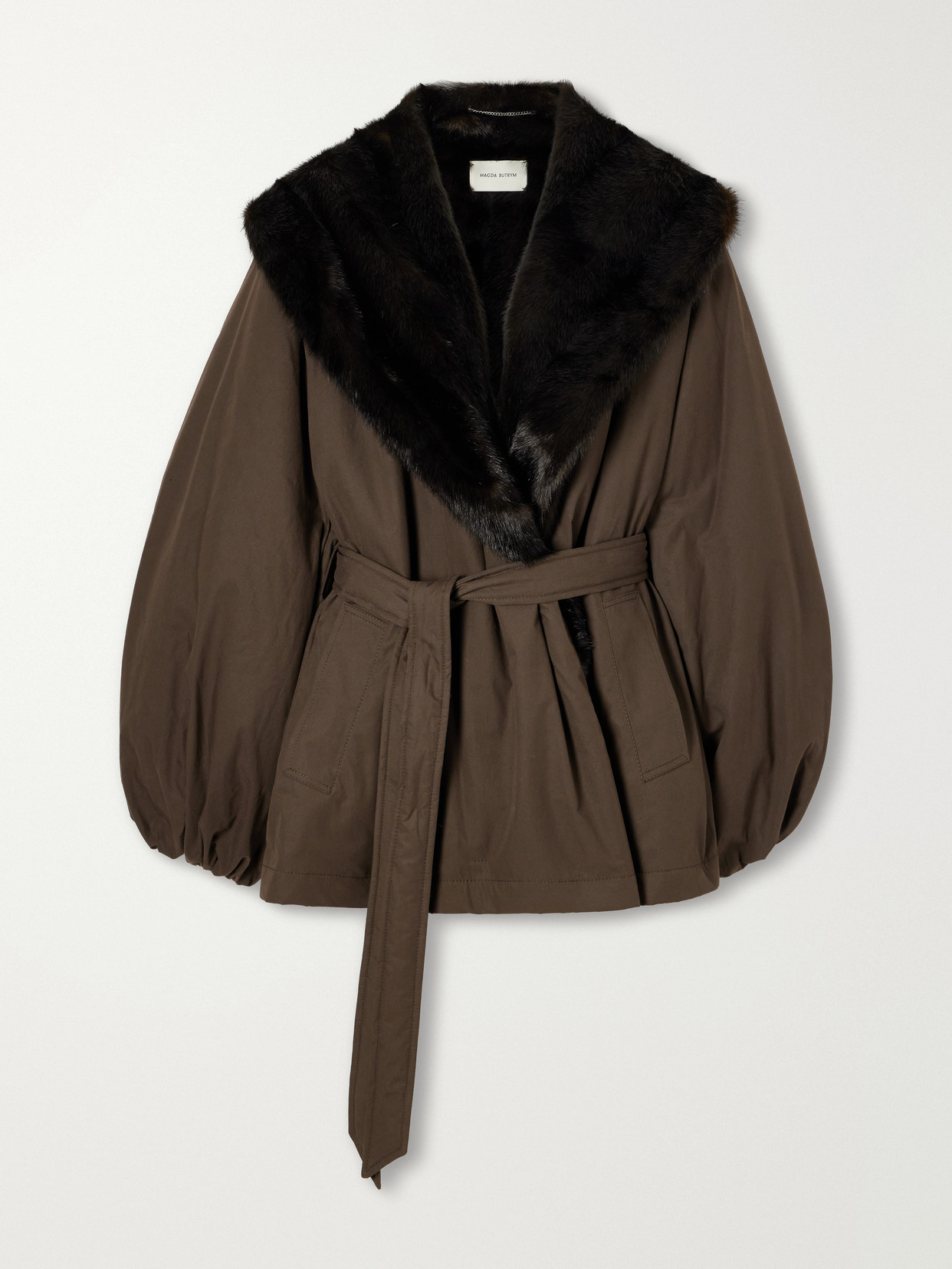 Magda Butrym Belted Plush-trimmed Short Coat In Brown