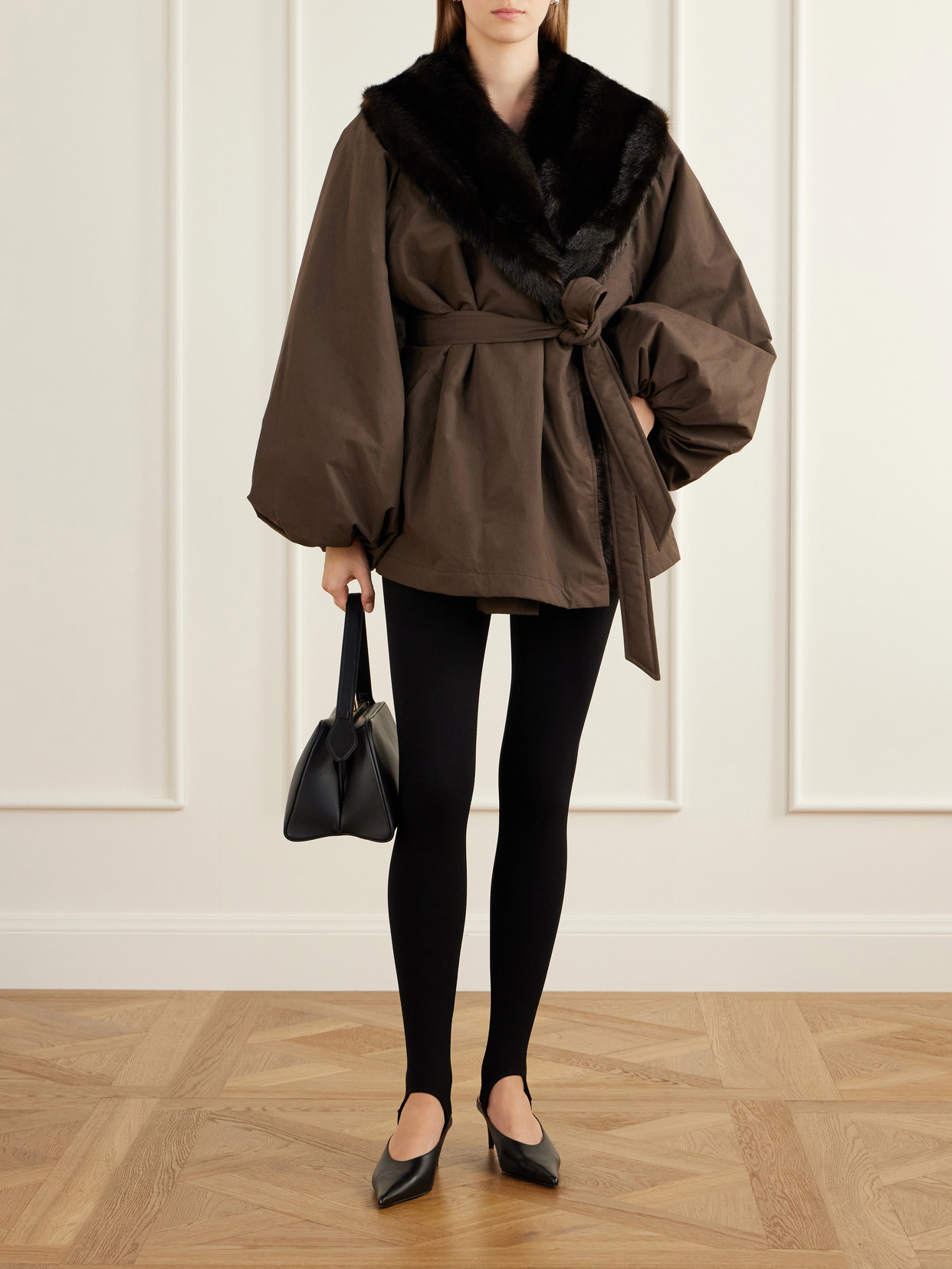 Belted Plush-Trimmed Short Coat