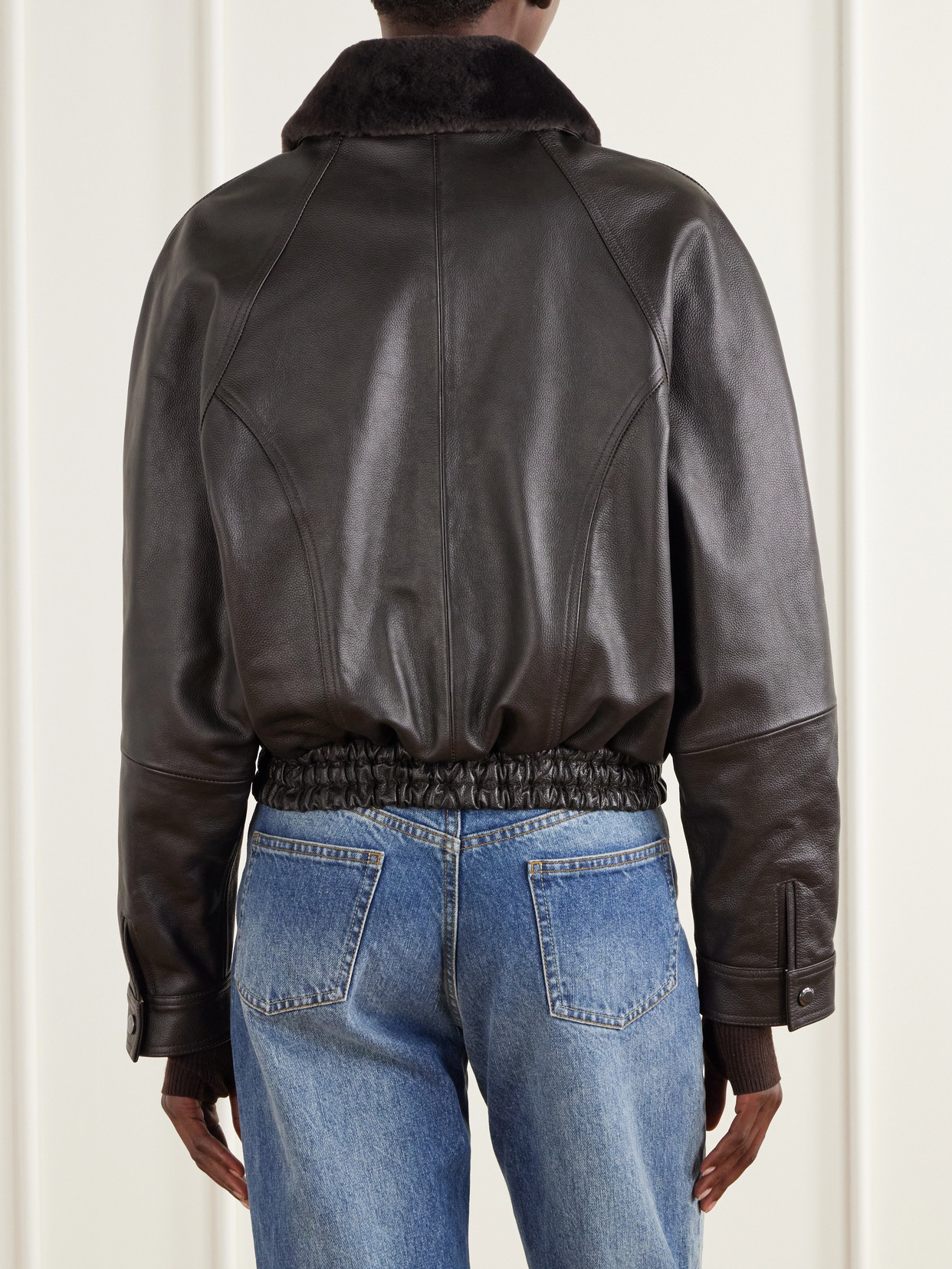Cropped Shearling-Trimmed Leather Biker Jacket